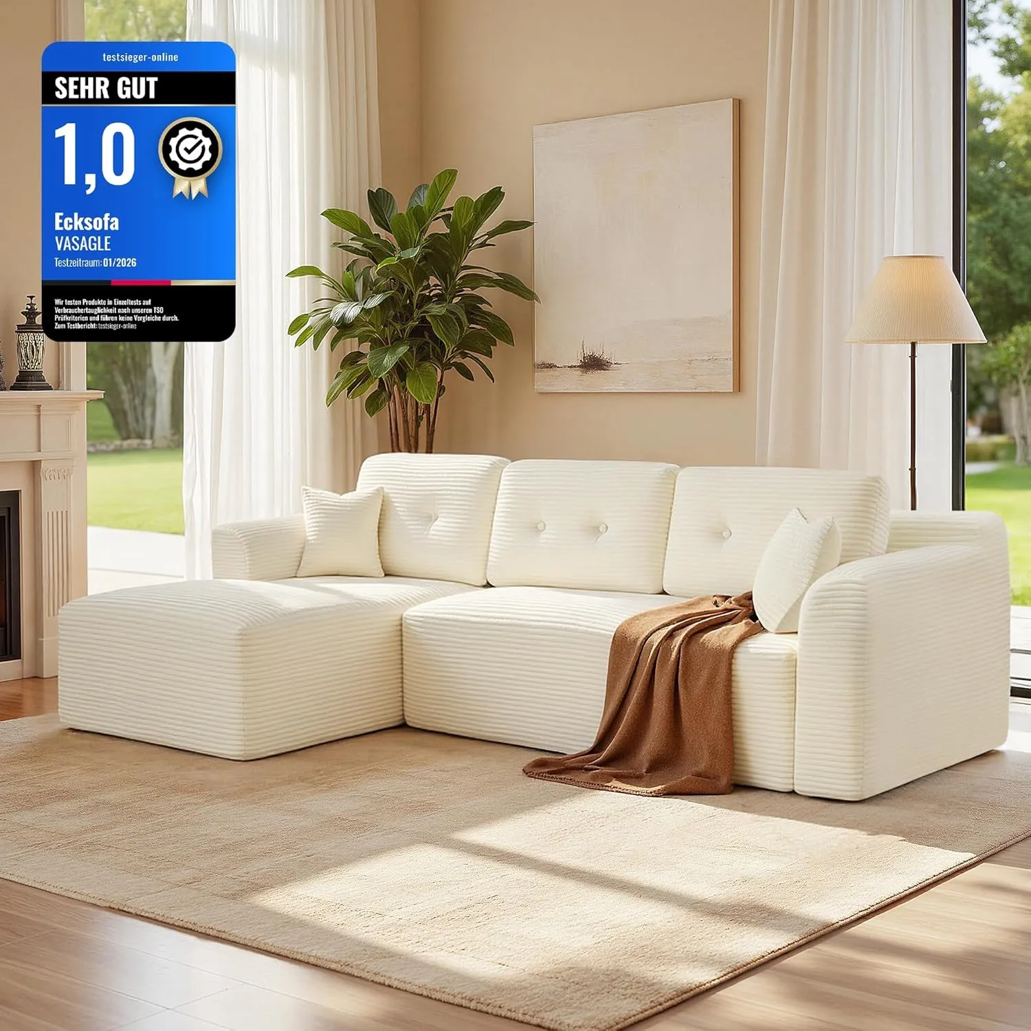 VASAGLE Ecksofa, Keine Montage erforderlich, modulares Sofa, 244 cm breit | Schlafsofa, vakuumverpackt, mit großer Chai…