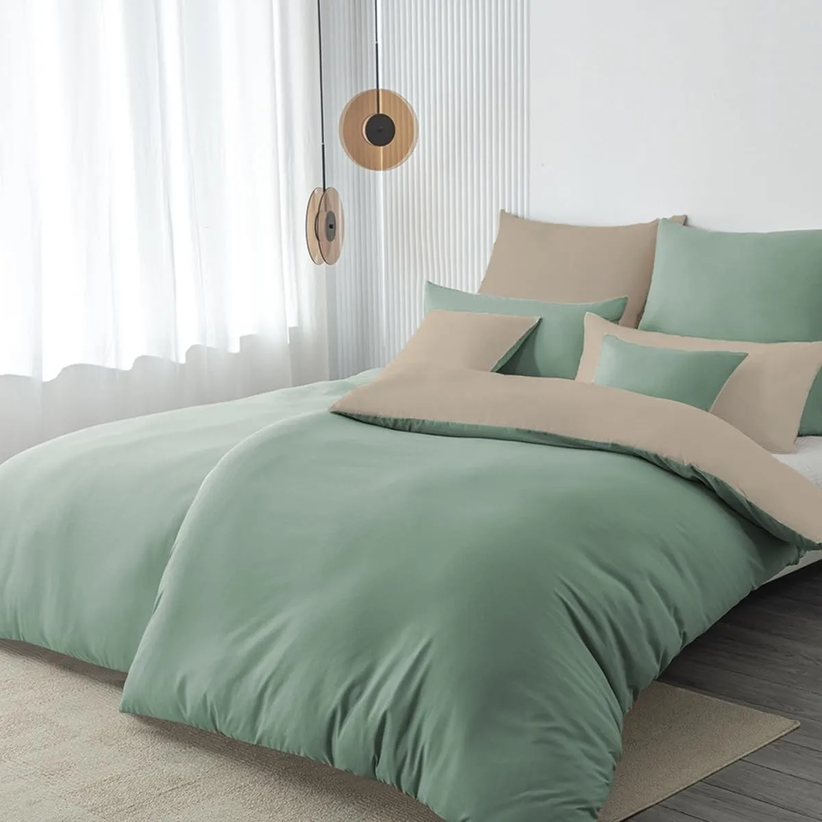 Bettwäsche 135x200 4teilig Mikrofaser, Pastellgrün/Warmes Beige
