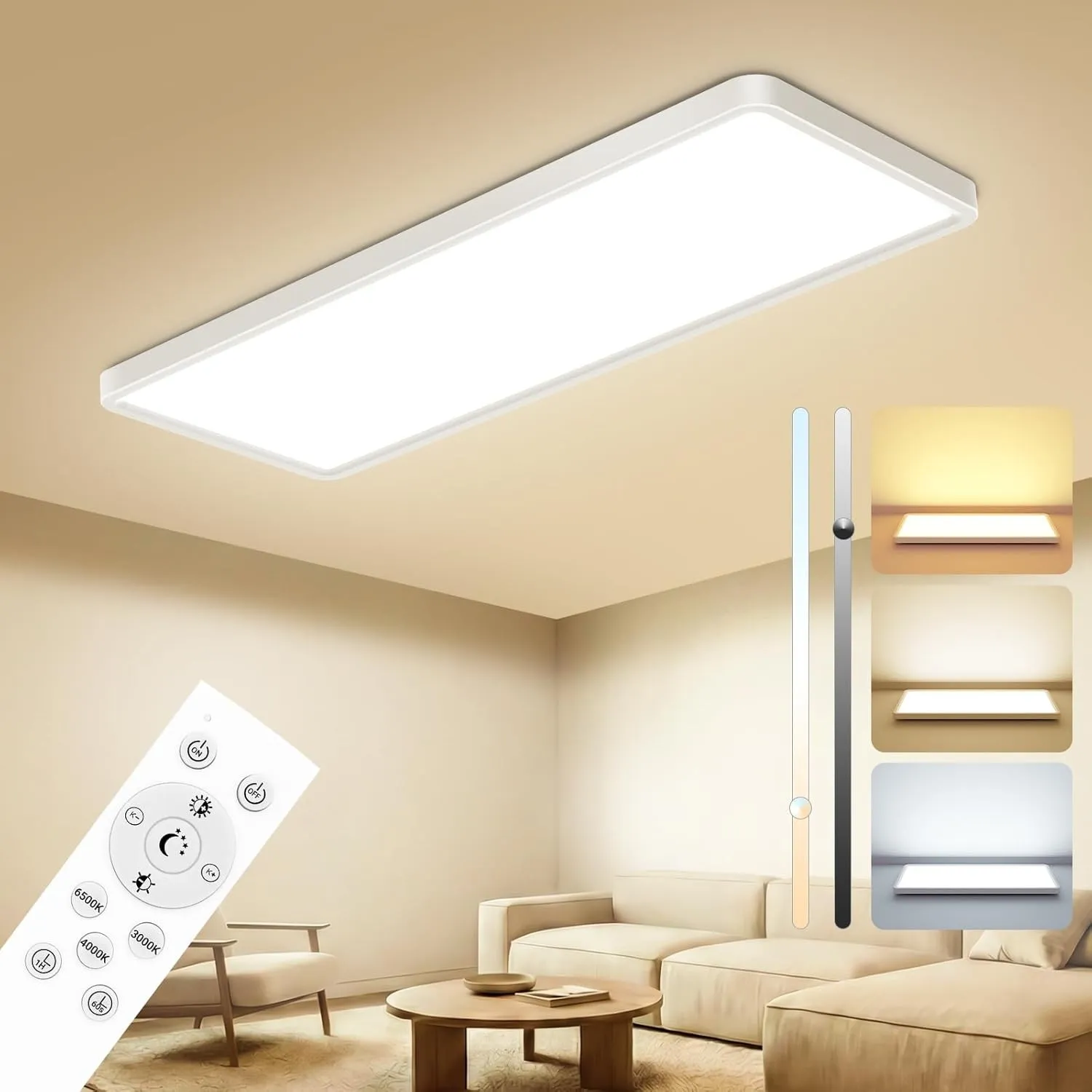 Peasur LED Deckenleuchte Flach 58x20cm 3500LM, Deckenlampe Dimmbar mit Fernbedienung 3000K-6500K, IP44 Küche Deckenleuc…