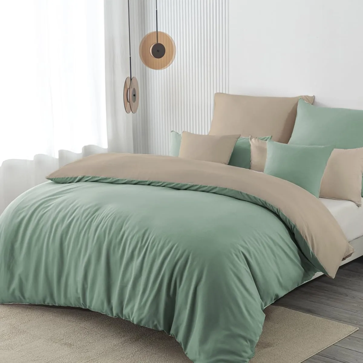 Bettwäsche 140x200 2teilig Pastellgrün/Warmes Beige Bettwäsche Sets Microfaser Wendebettwäsche 140 x 200, weich & bügel…