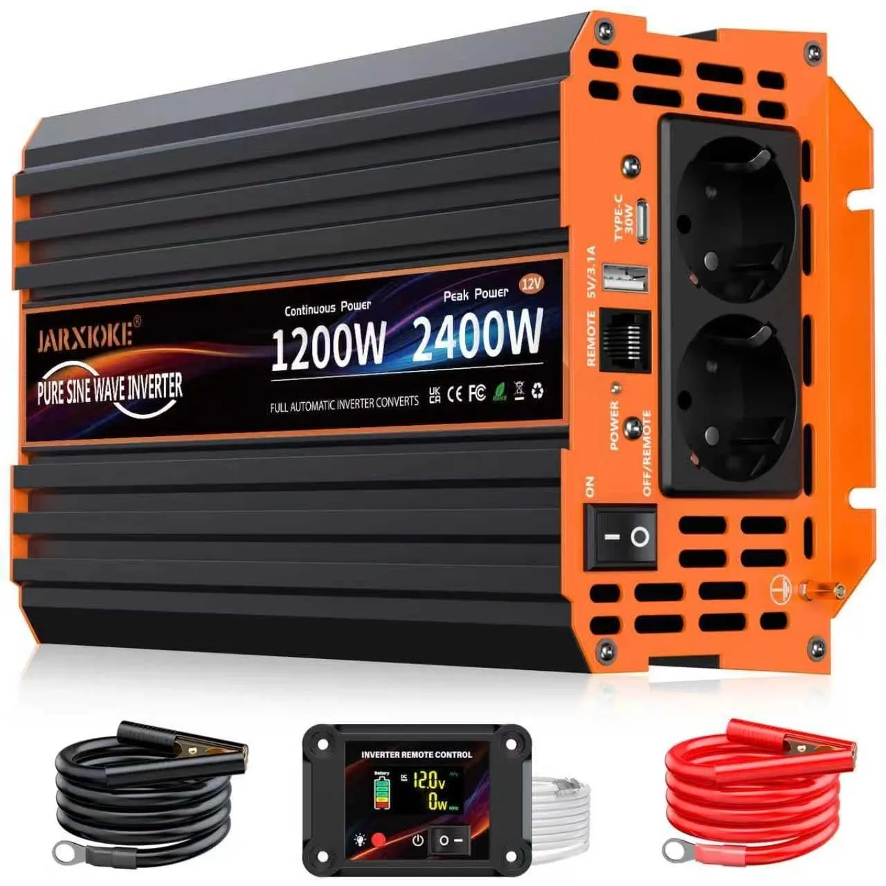Wechselrichter 1200W Reiner Sinus Spannungswandler 12V auf 230V Power Inverter mit LCD Fernbedienung,USB Ports,Type-C P…