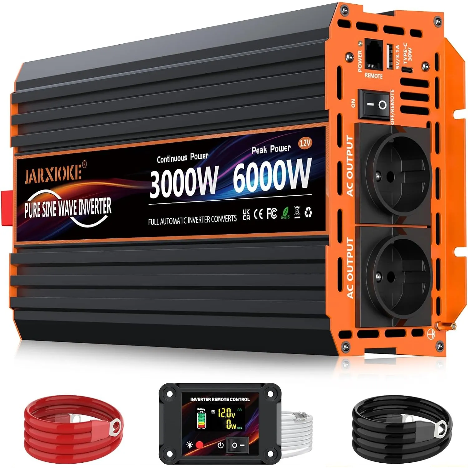 3000W Wechselrichter 12V auf 230V Reiner Sinus Spannungswandler Inverter Konverter mit 2 EU Steckdose, 30W USB-C, 5V 3.…