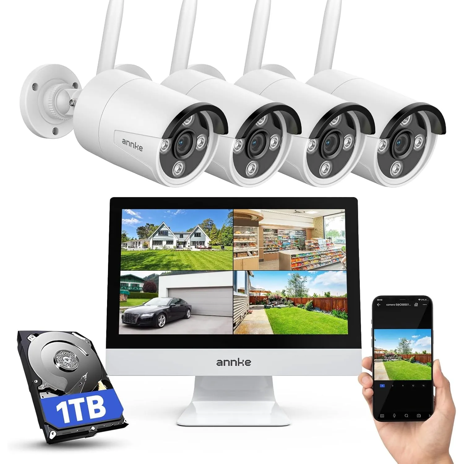 ANNKE 3MP Überwachungskamera Set Aussen WLAN mit 12''Monitor, 1TB HDD | 10CH 4K Wireless NVR mit 4 Pcs 2K WiFi Kameras,…