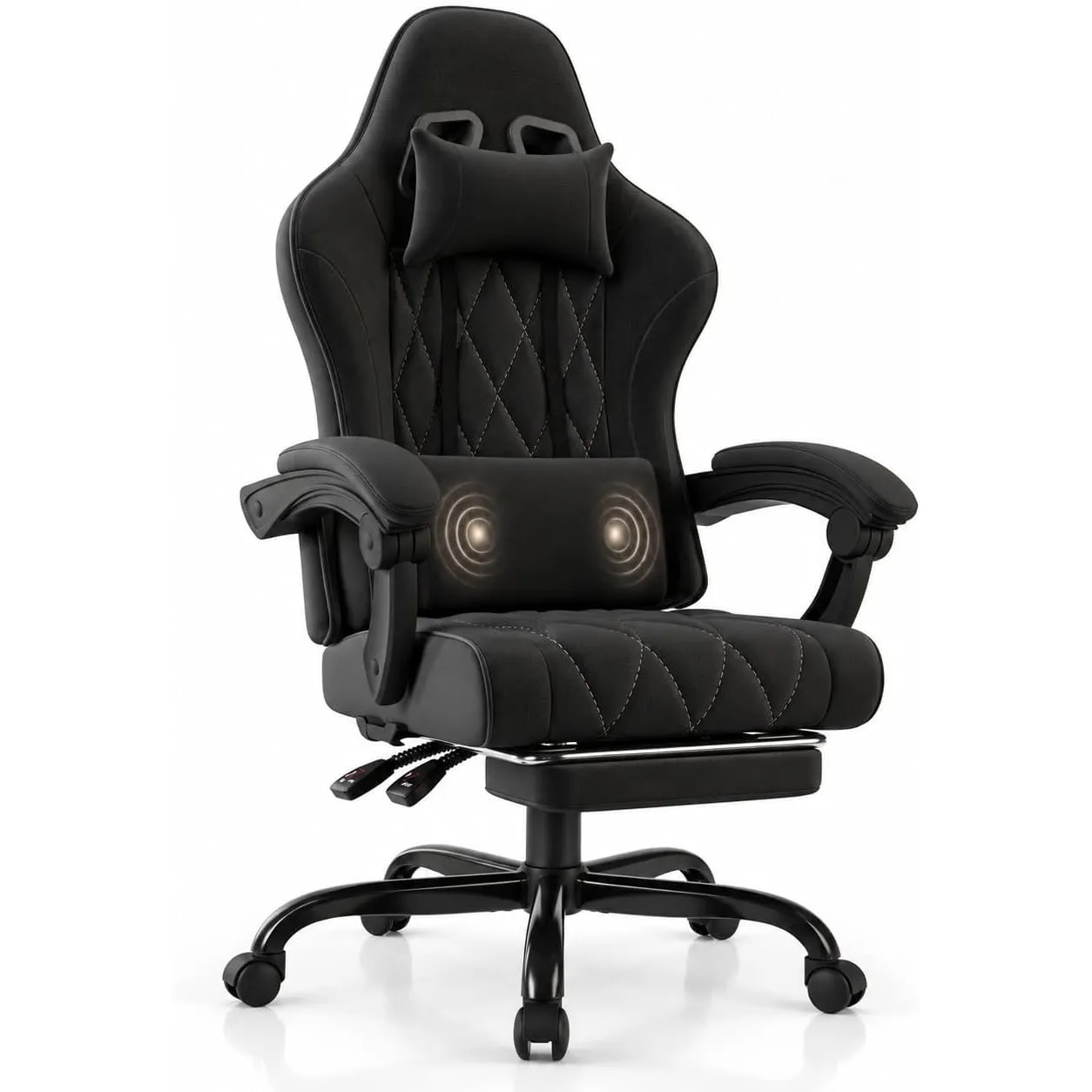 JUMMICO Gaming Stuhl Stoff mit Massage & Fußstütze, Tiefschwarz