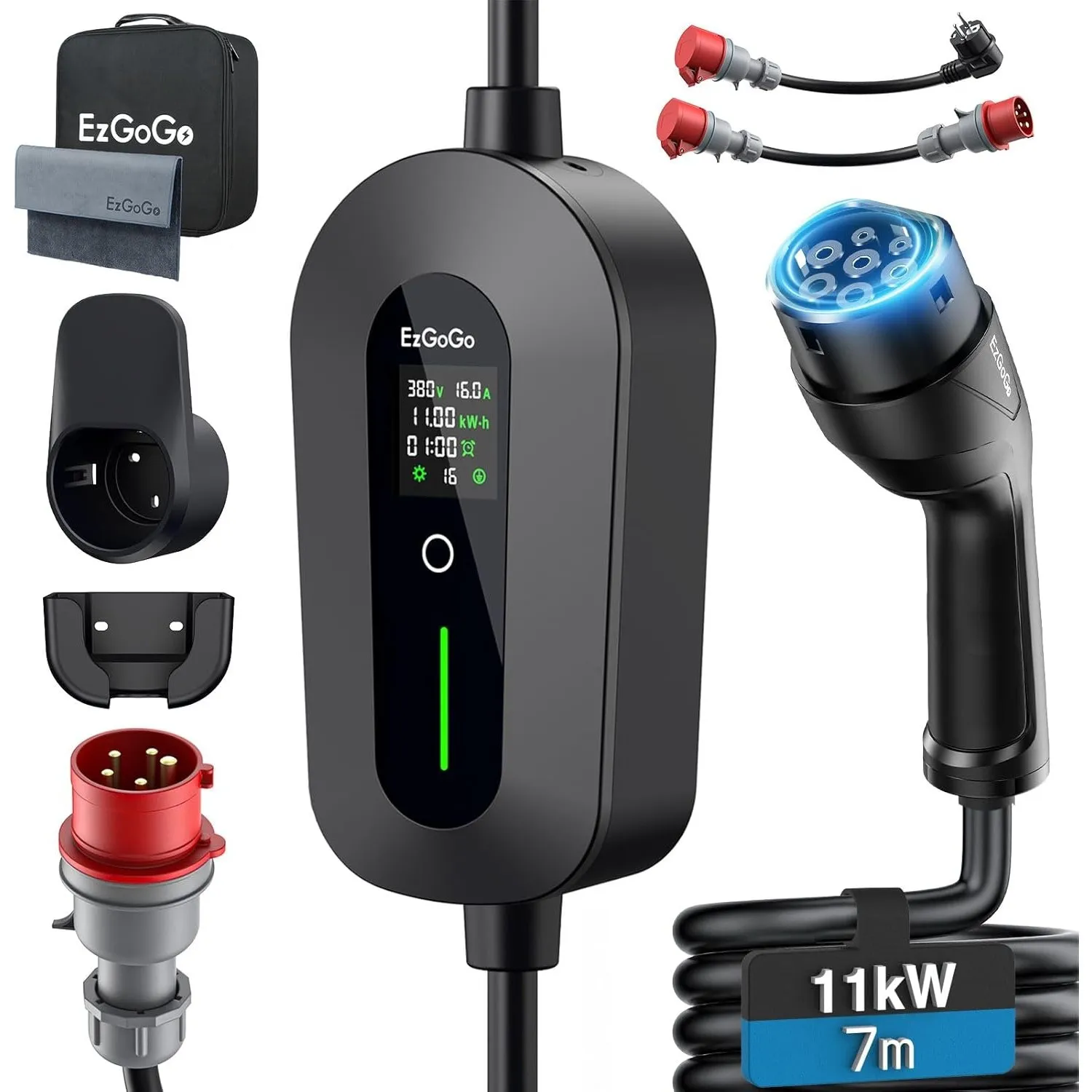 EzGoGo Mobile Wallbox 11 kW 7 m, 6-16 A, Einstellbare Leistung & Ladezeit | Ladekabel Auto CEE 16A auf Typ 2 Ladekabel,…