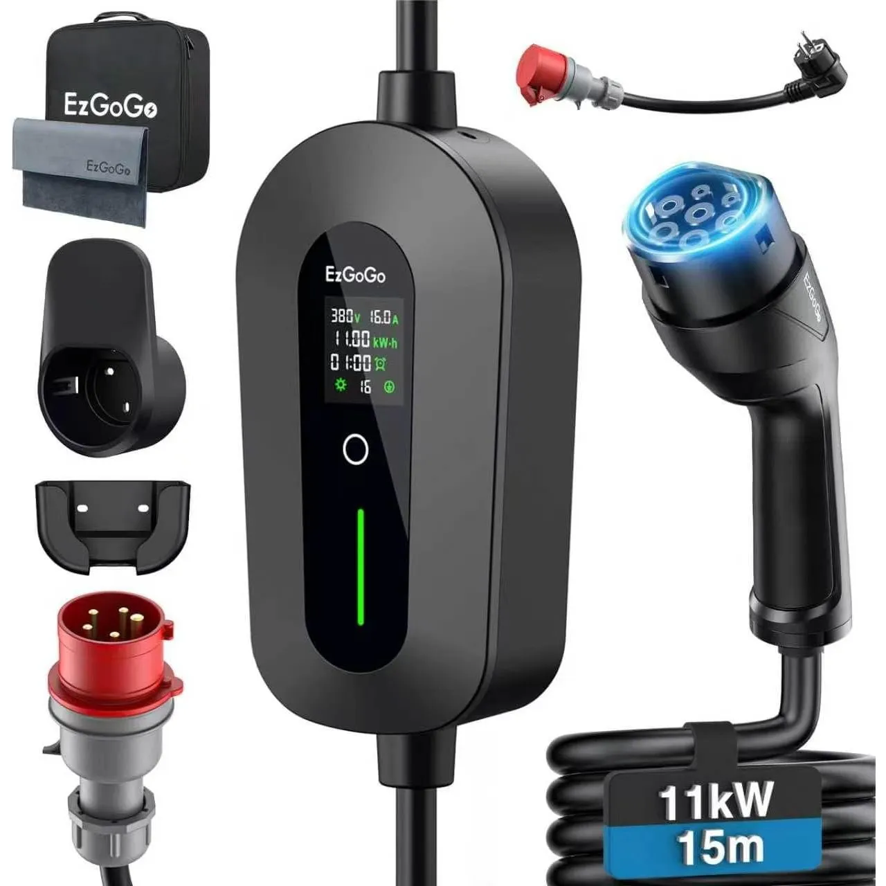 EzGoGo Mobile Wallbox 11kW Typ 2 Ladekabel [15m | 6–16 A] CEE EV Ladegerät