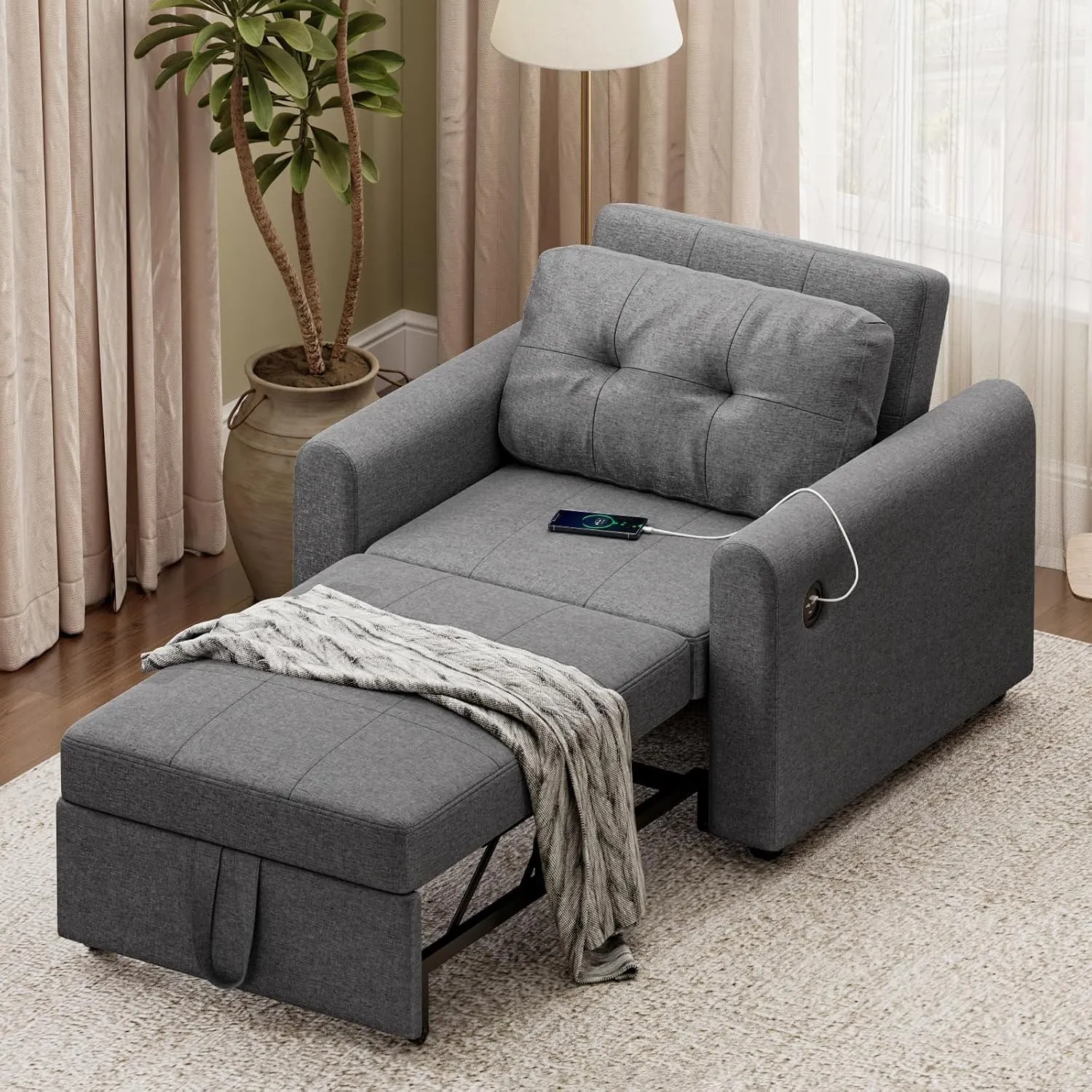 Schlafsofa 190×84cm mit USB & Typ-C-Anschluss, 3-in-1 Schlafsessel, Sofa Bett, Verstellbare Rückenlehne, 3 Winkel, Mit …