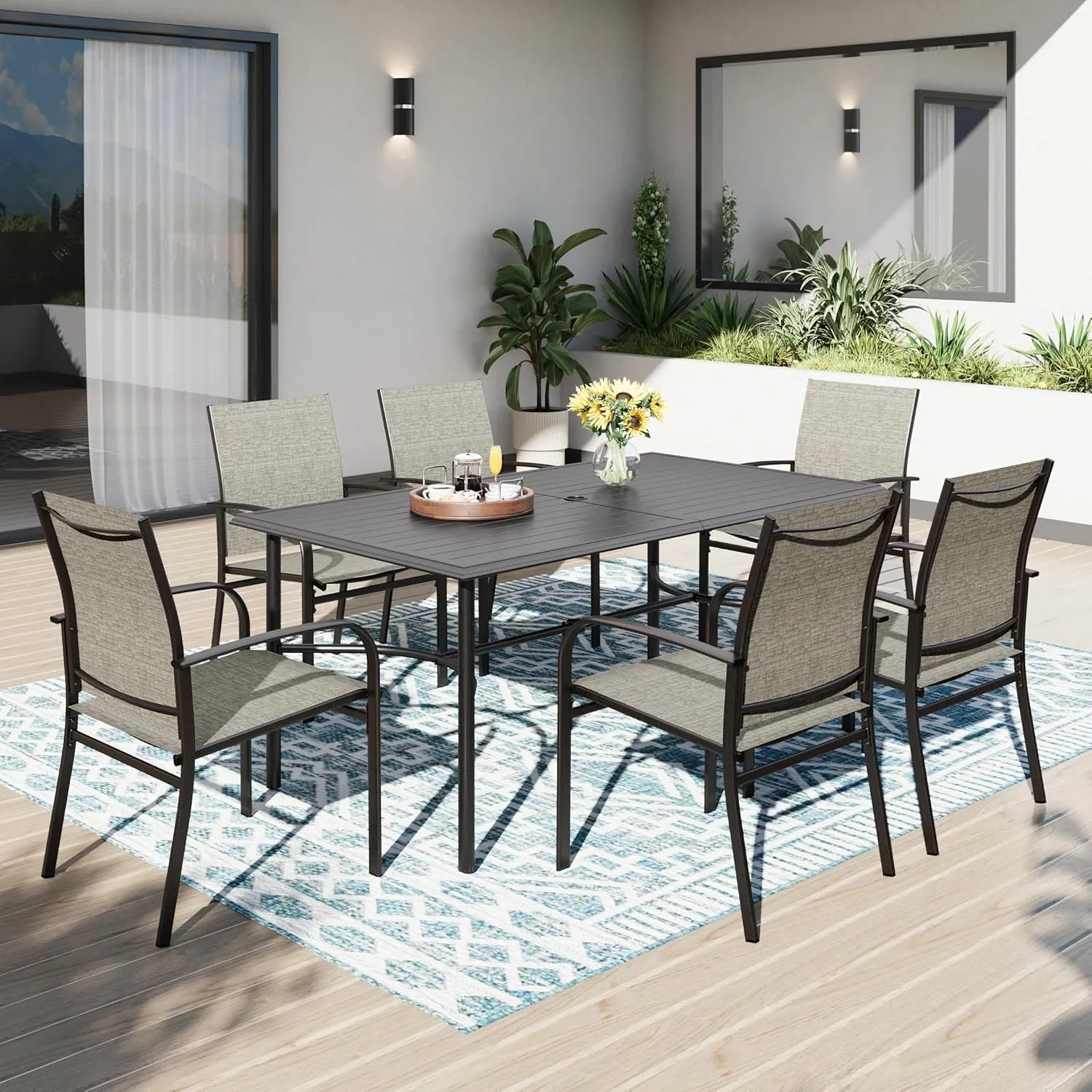 PHI VILLA Gartentisch mit Stühlen Garten Sitzgruppe mit 6 x Braune Textilene-Esszimmerstühle Schwarzer Rechteckiger Met…