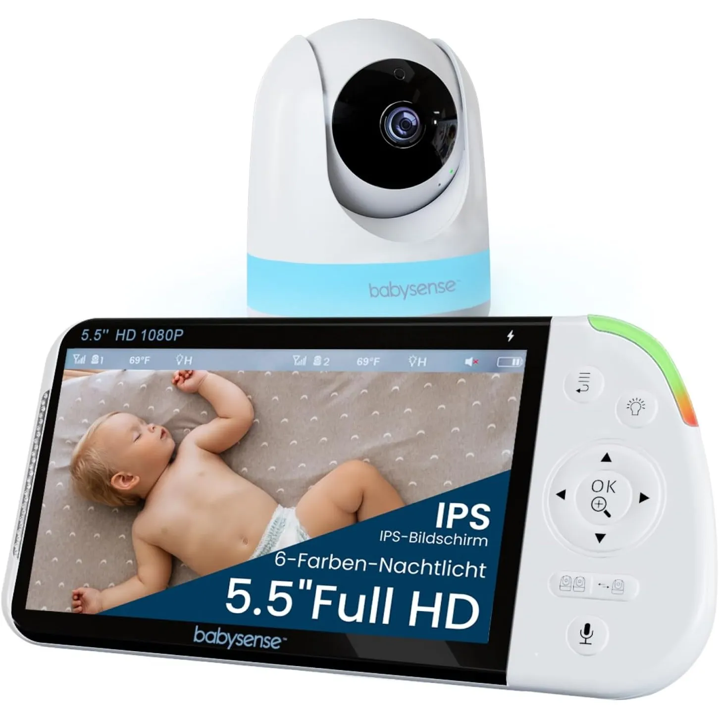 Babysense Full HD Split-Screen-Babyphone mit 1 Kameras, Nachtlicht in 6 Farben, Geräusch- & Lichtmaschine, 20-Stunden-A…