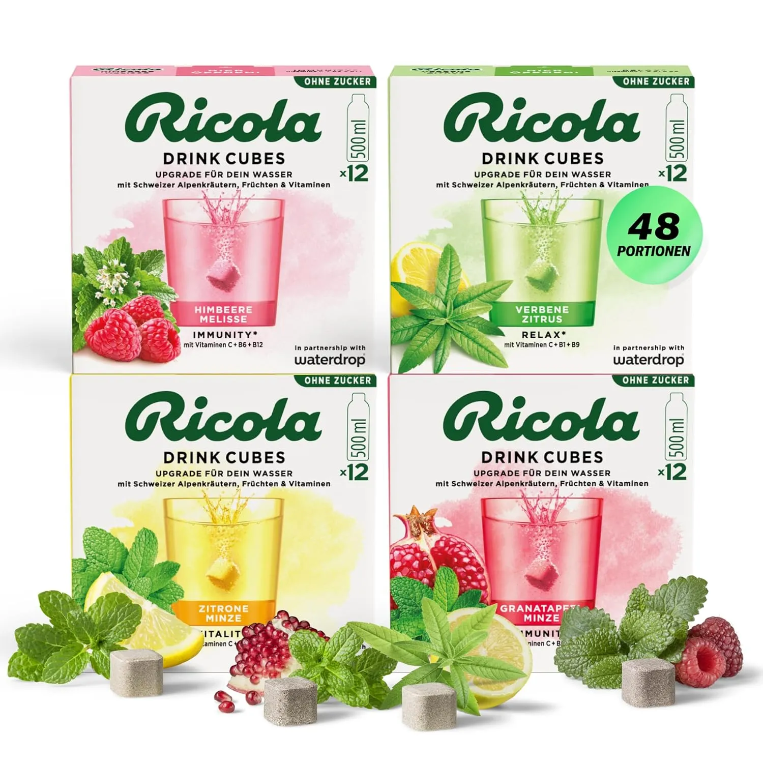 waterdrop® x Ricola – 48 Waterdrop Würfel mit Alpenkräutern & Früchten - Himbeere Melisse, Zitrone Minze, Granatapfel M…