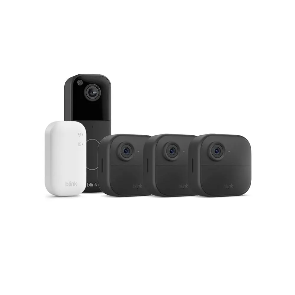 Blink Outdoor 4 Kameras mit Blink Videotürklingel (Schwarz), inkl. Sync Module Core