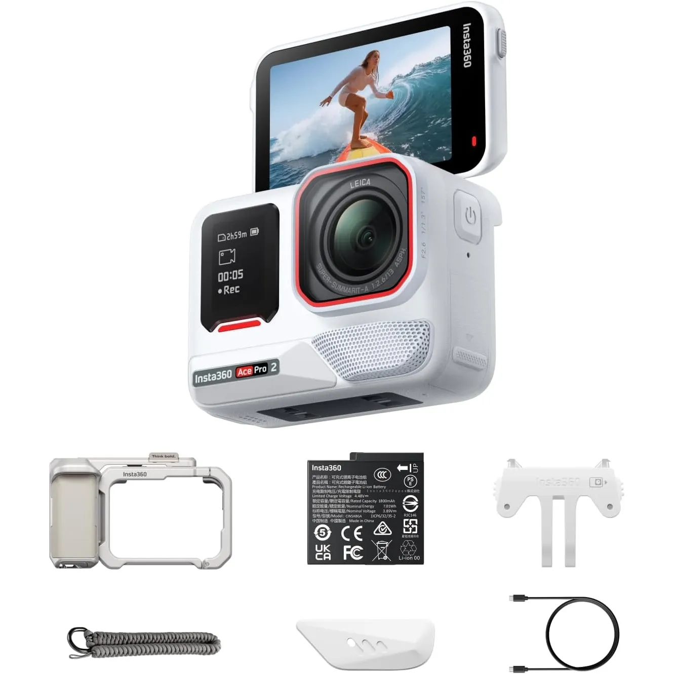 Insta360 Ace Pro 2 Einzel-Akku Polarweiß Limited Edition – Xplorer-Bundle Mondsilber: 8K Kamera (Leica), 1/1,3"-Sensor,…