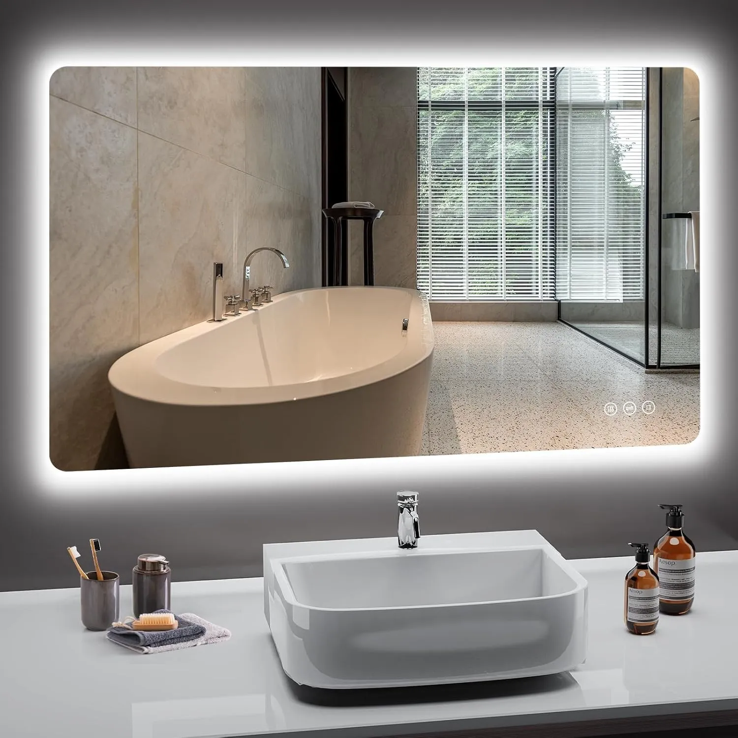 Badezimmer Spiegel mit Beleuchtung, Led Bad Spiegel mit Licht, 3 Lichtfarben, Dimmbar, Antibeschlag, Speicherfunktion, …
