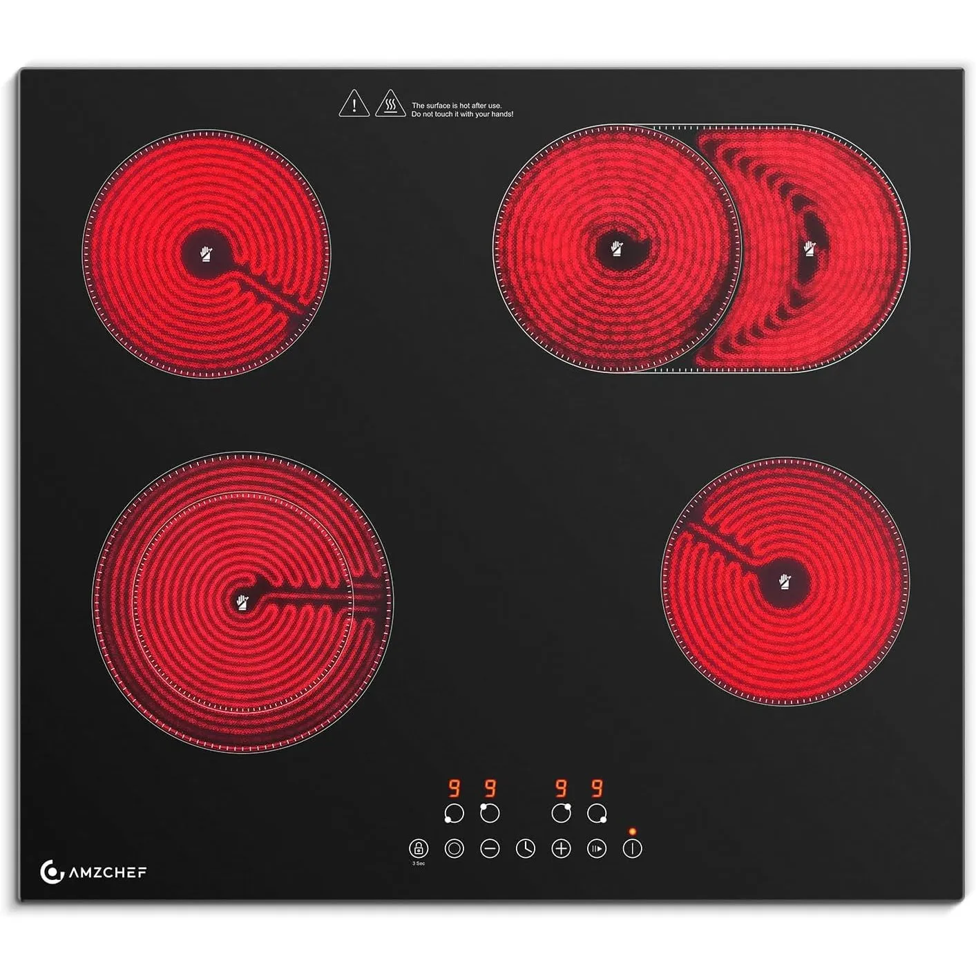 AMZCHEF Glaskeramikkochfeld 4 Platten 7200W, Herdplatte 4 Kochfelder 60 cm, 9 Leistungsstufen, Dual-/Ovalzonen für Gril…