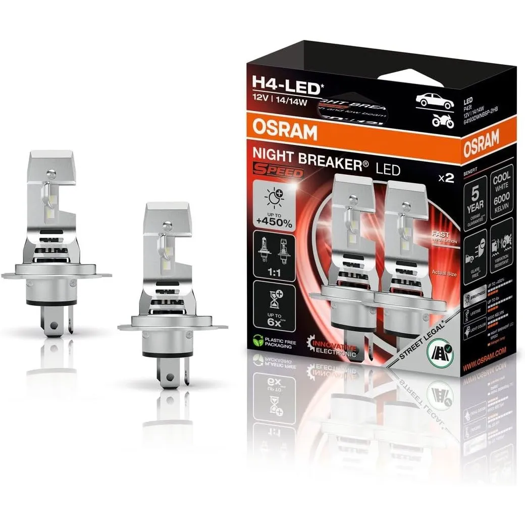 Osram Night Breaker LED Speed H4 450, Fern- und Abblendlicht mit Straßenzulassung, bis zu 450% Mehr Helligkeit, 6000K, …