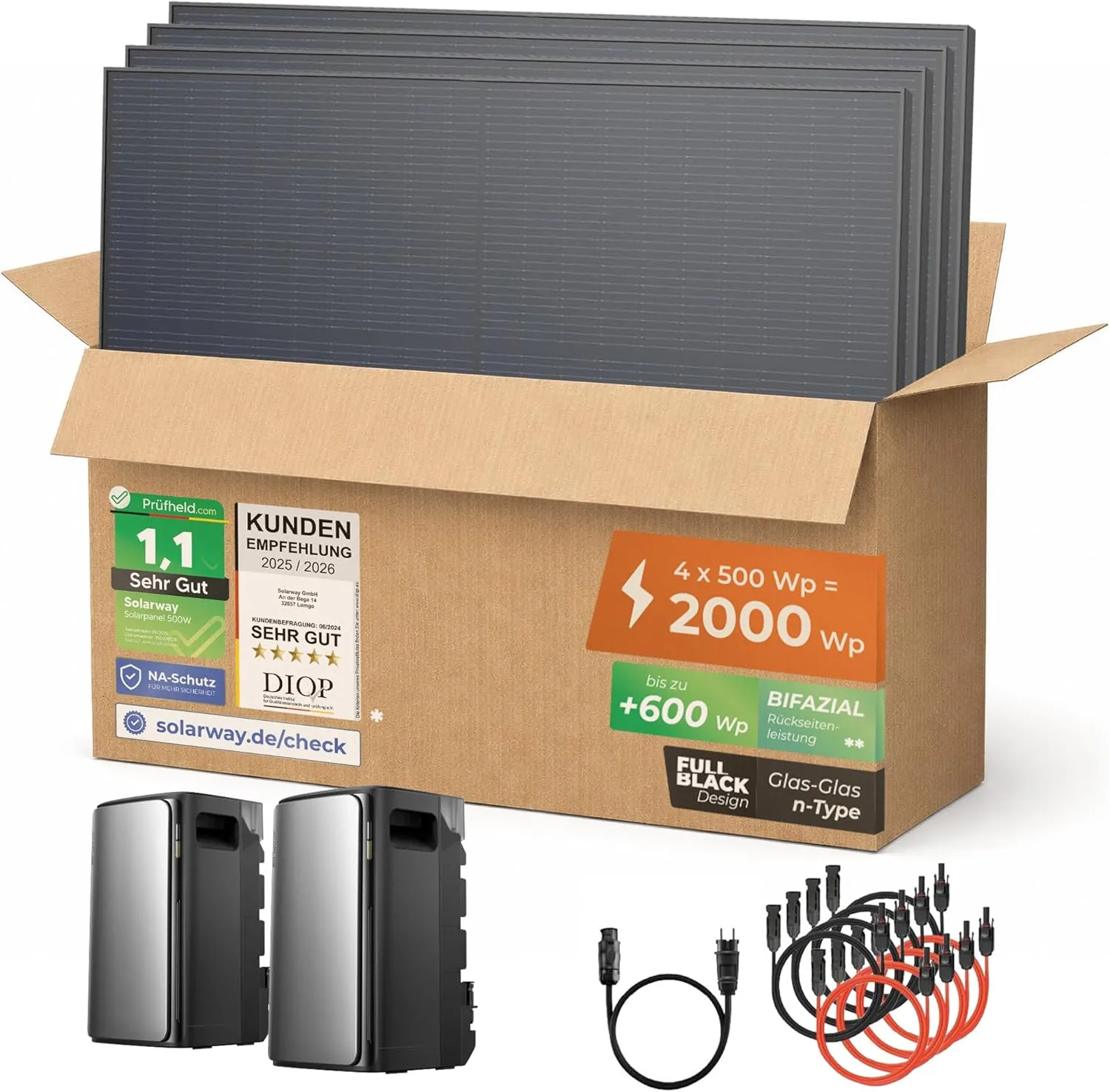 Solarway® Balkonkraftwerk 2000 Wp / 800 W mit 3,8 kWh Speicher – Komplettset Steckdose – 2× EcoFlow STREAM Ultra (je 1,…