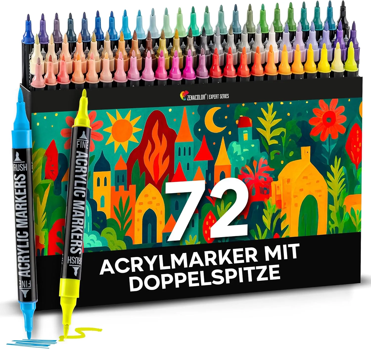 Zenacolor - 72 Farben Acrylstifte für Steine Wasserfest - mit Doppelspitze - Feine und Pinsel - Für Verschiedene Oberfl…