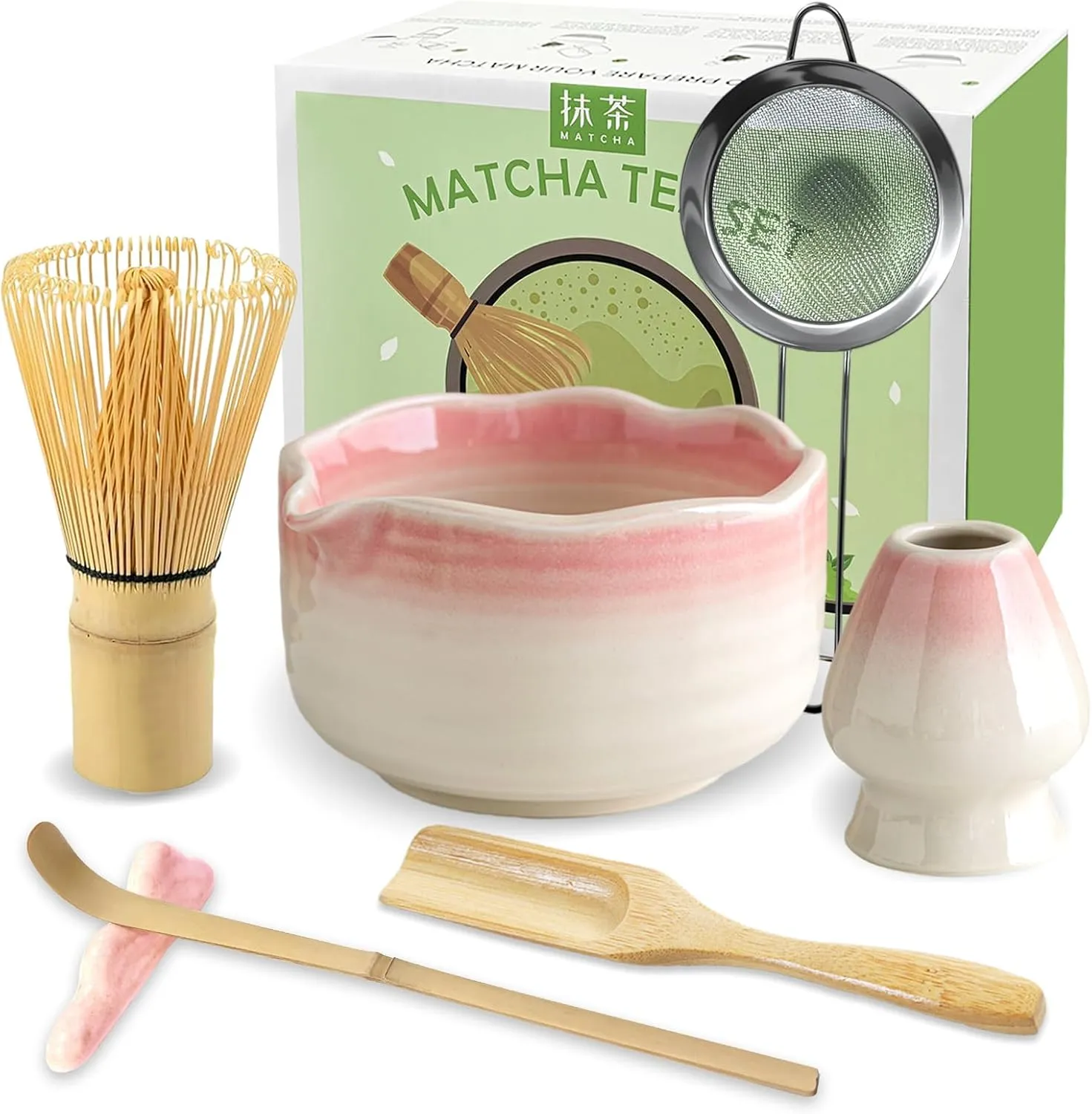 JBER Matcha Besen Set, Matcha Set 7-Teiliges - Bambus Matcha Whisk, Matcha Schale mit Auslauf, Besen Halter, Sieb, Löff…