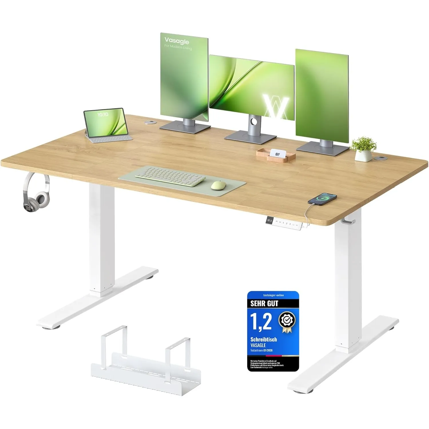 VASAGLE Höhenverstellbarer Schreibtisch, 140 x 80 cm, USB-C-Anschluss