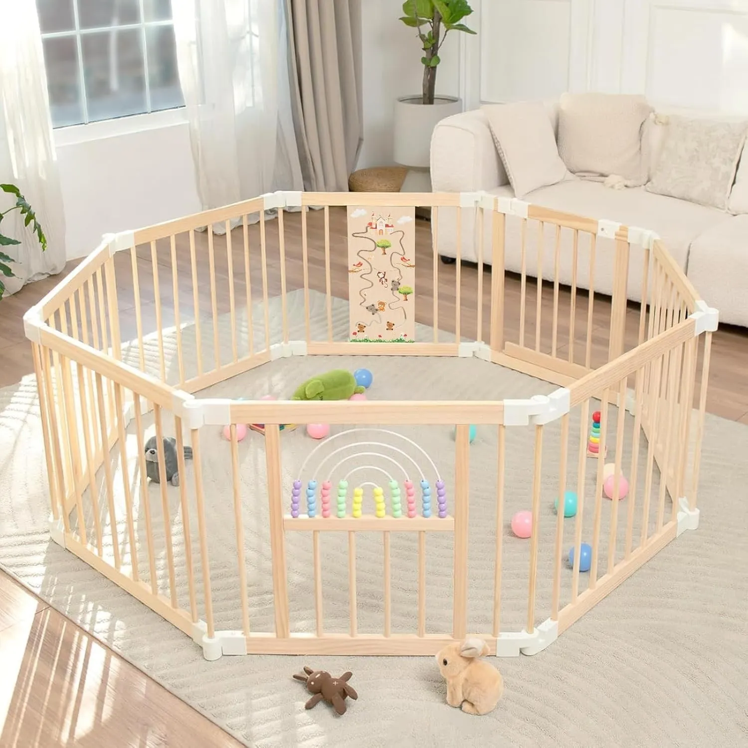 Baby Laufstall,Sicherer＆Stabiler Großes Faltbares Babys Laufgitter, Holz Laufstall, nachhaltiger Laufstall Fröhliche Kr…
