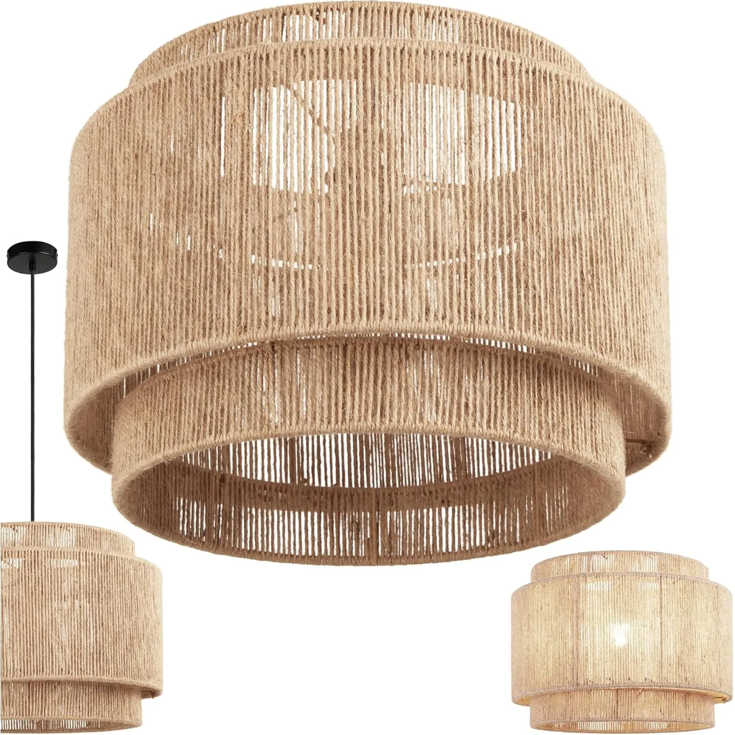 tectake® Hängelampe im Boho Stil, Pendelleuchte aus Jute, Vintage Lampenschirm Hängelampe, Ø 46 cm, Pendelleuchte Essti…