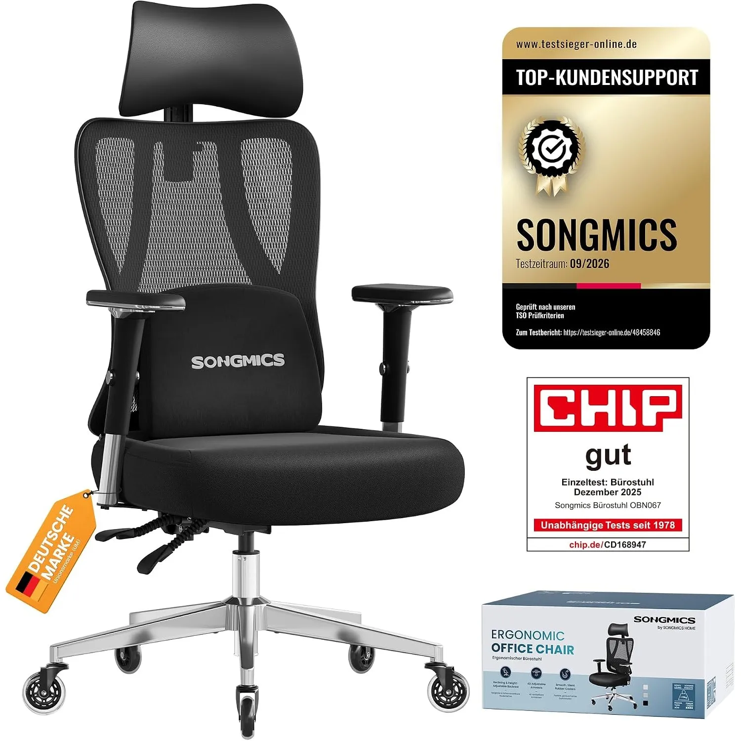 SONGMICS Bürostuhl ergonomisch, Schreibtischstuhl, bis zu 150 kg belastbar
