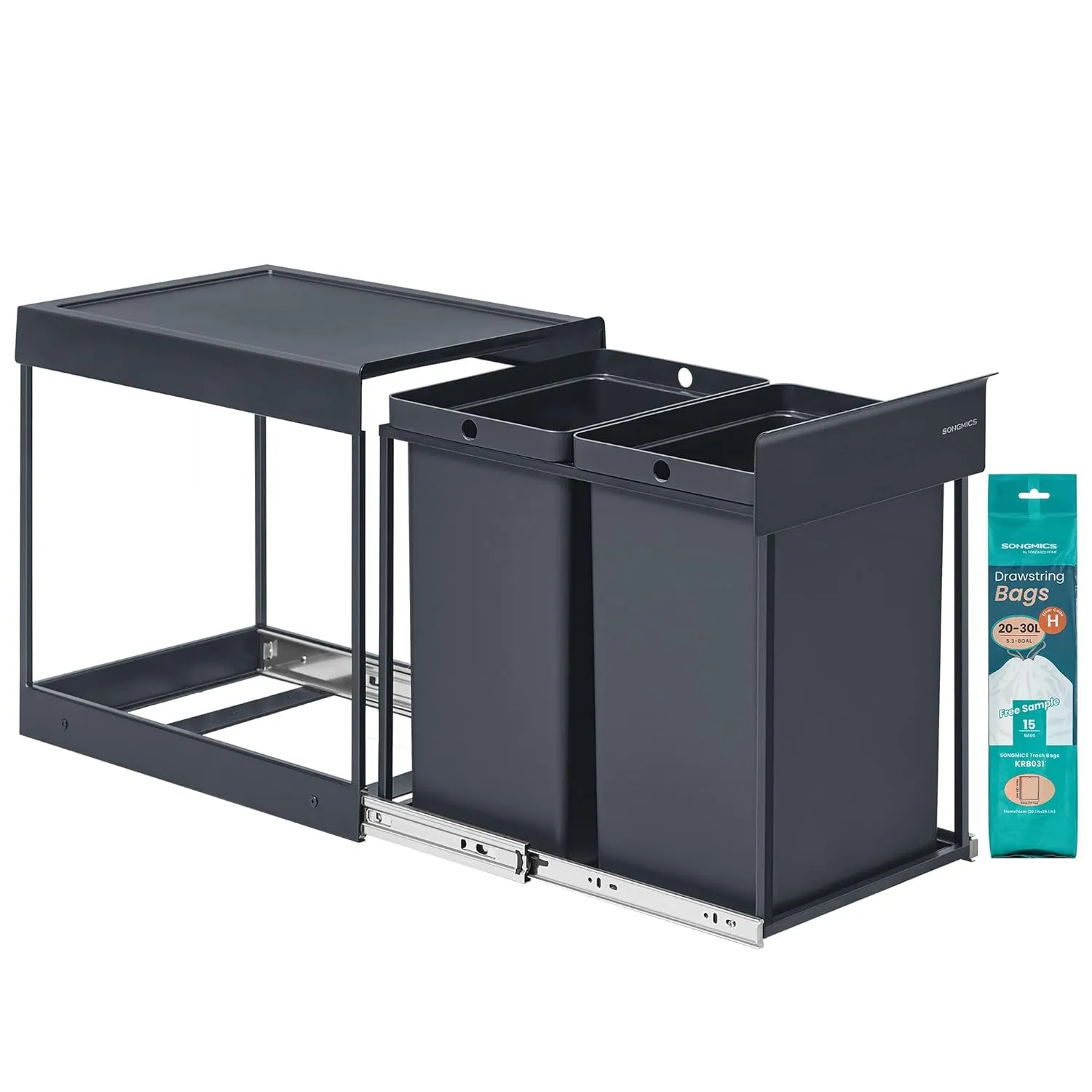 SONGMICS Mülleimer küche, Mülltrennsystem für Unterschrank, 2 x 20 L, Abfalleimer 2 Fächer, ausziehbar, Stahlrahmen, AB…