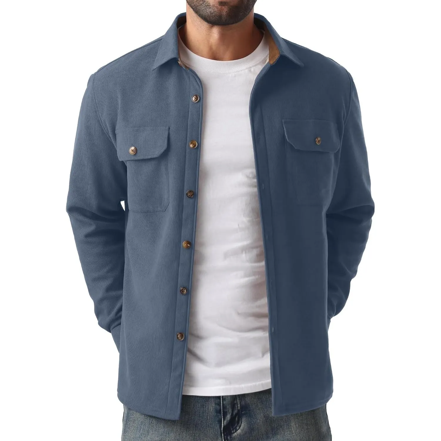 QIXING Herren Cord Hemdjacke Langarm Overshirt Fleece Button Down