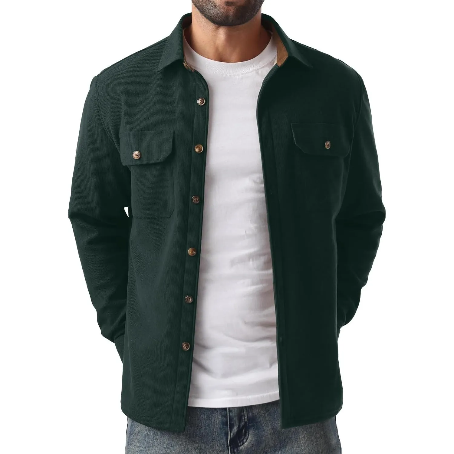 QIXING Herren Cord Hemdjacke Langarm Overshirt Fleece Button Down
