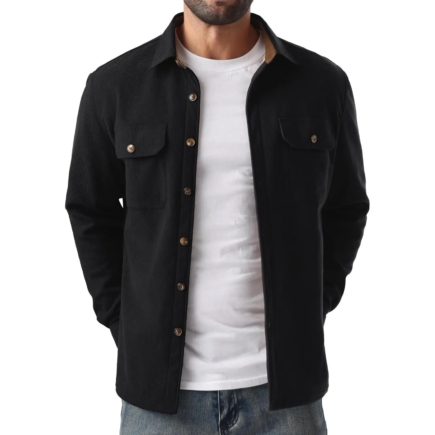QIXING Herren Cord Hemdjacke Langarm Overshirt Fleece Button Down