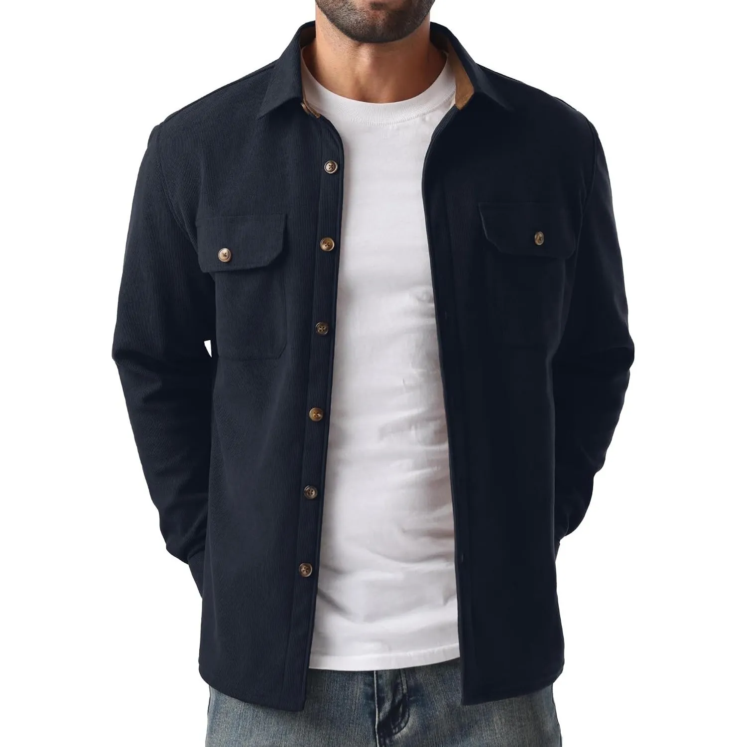 QIXING Herren Cord Hemdjacke Langarm Overshirt Fleece Button Down