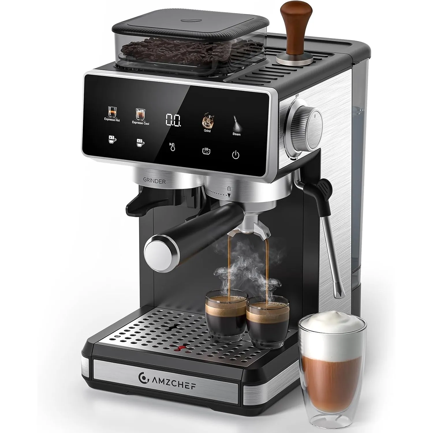 AMZCHEF Siebträgermaschine mit Mahlwerk, 20 Bar Espressomaschine für Zuhause mit Milchaufschäumer, 3 Temperaturstufen, …