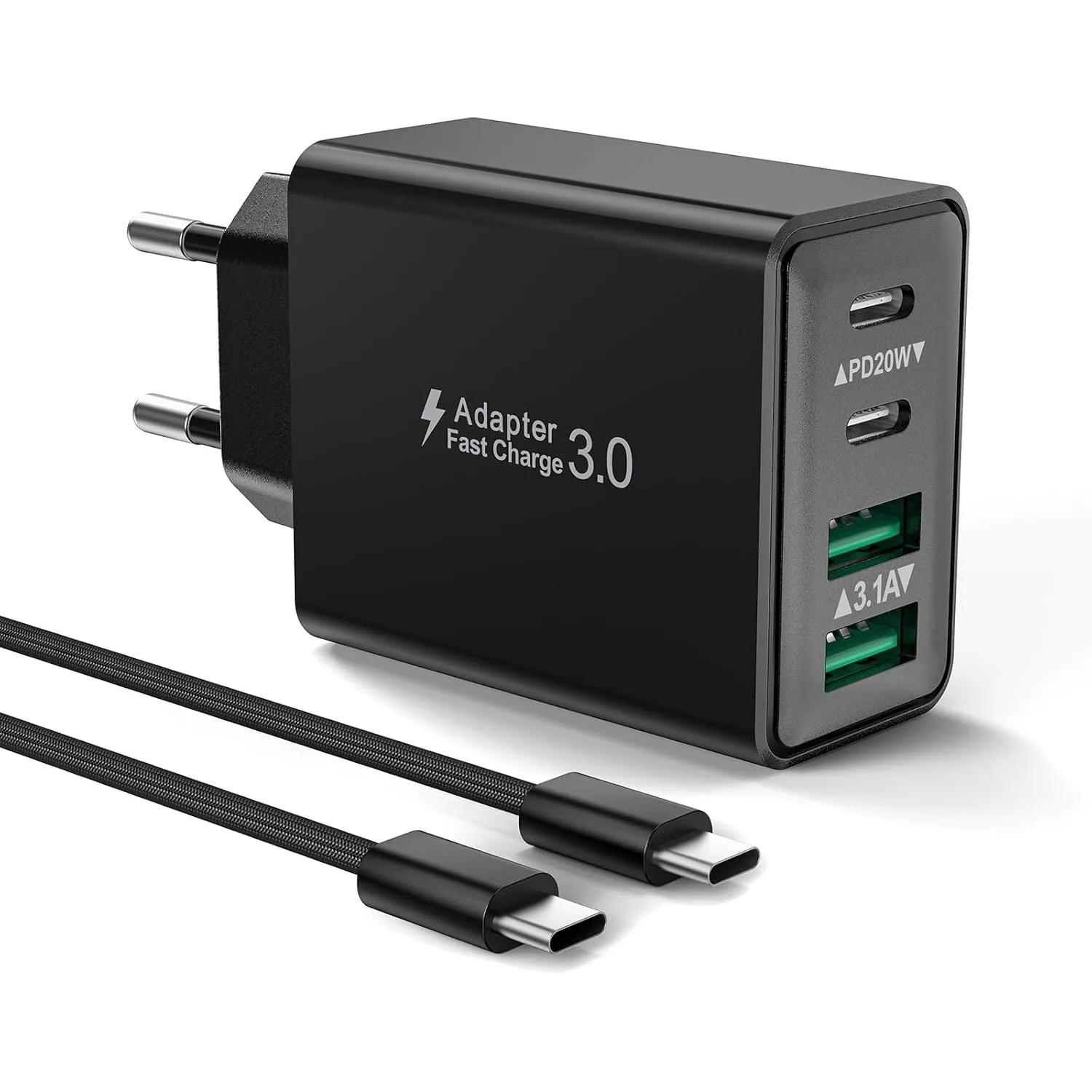 USB C Ladegerät mit USB C Kabel 2M für iPhone 17 16 15 Pro Max Plus, iPad, Handys, 40W 4-Ports Schnellladegerät Stecker…