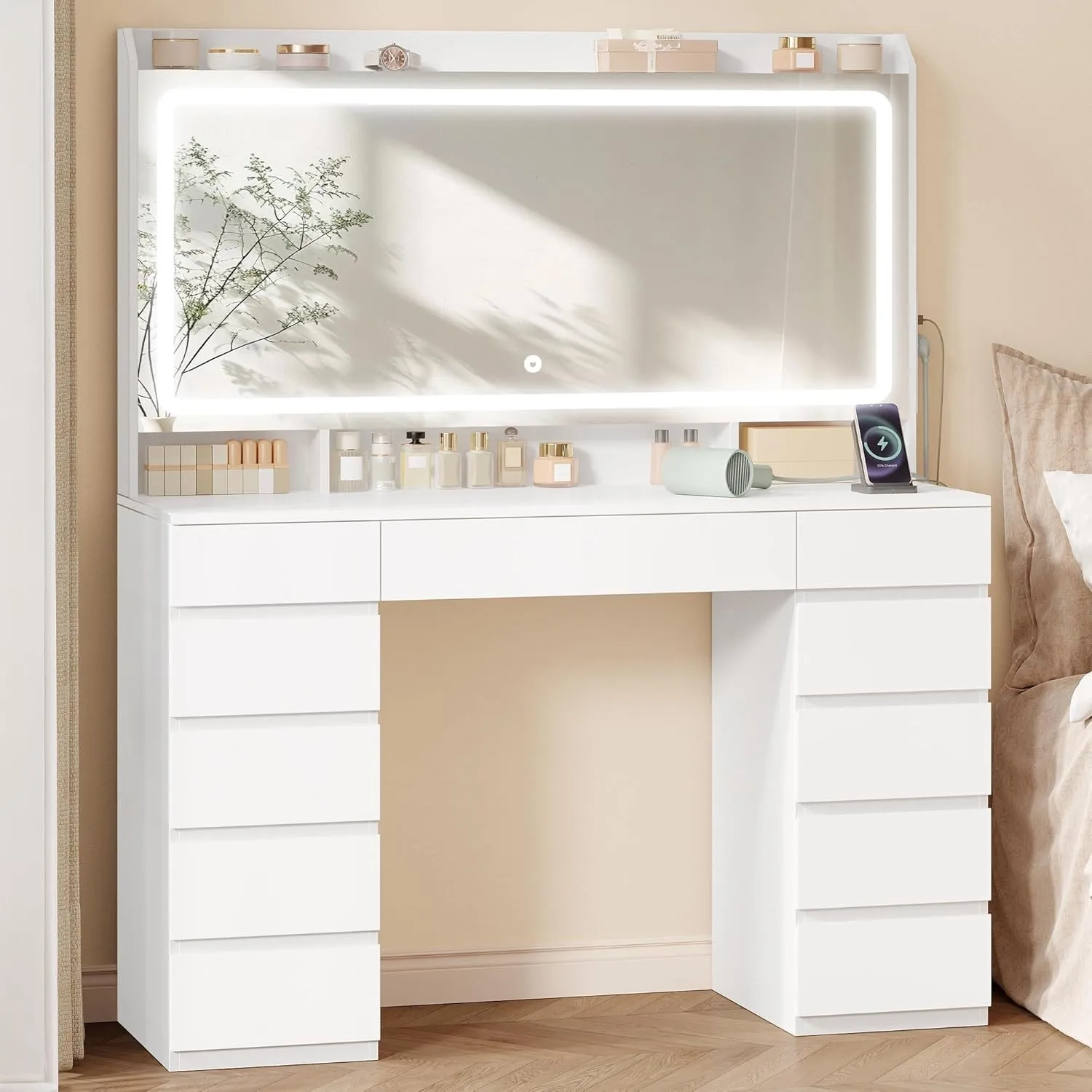 Hzuaneri Große Schminktisch mit LED-Beleuchtung, 39 x 108 x 144 cm, Weiß
