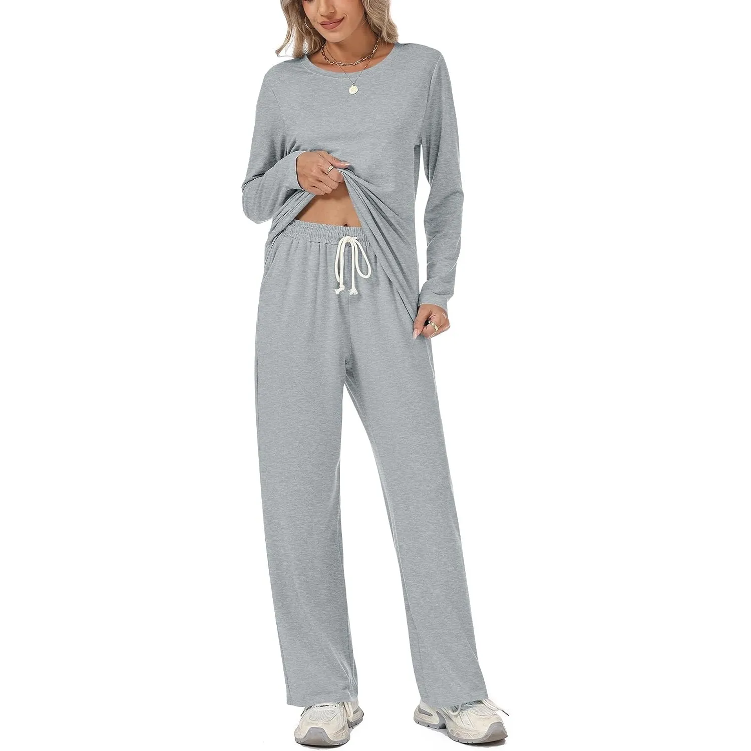 Rapbin Schlafanzug Damen Lang Pyjama Set Nachtwäsche Loungewear mit Taschen