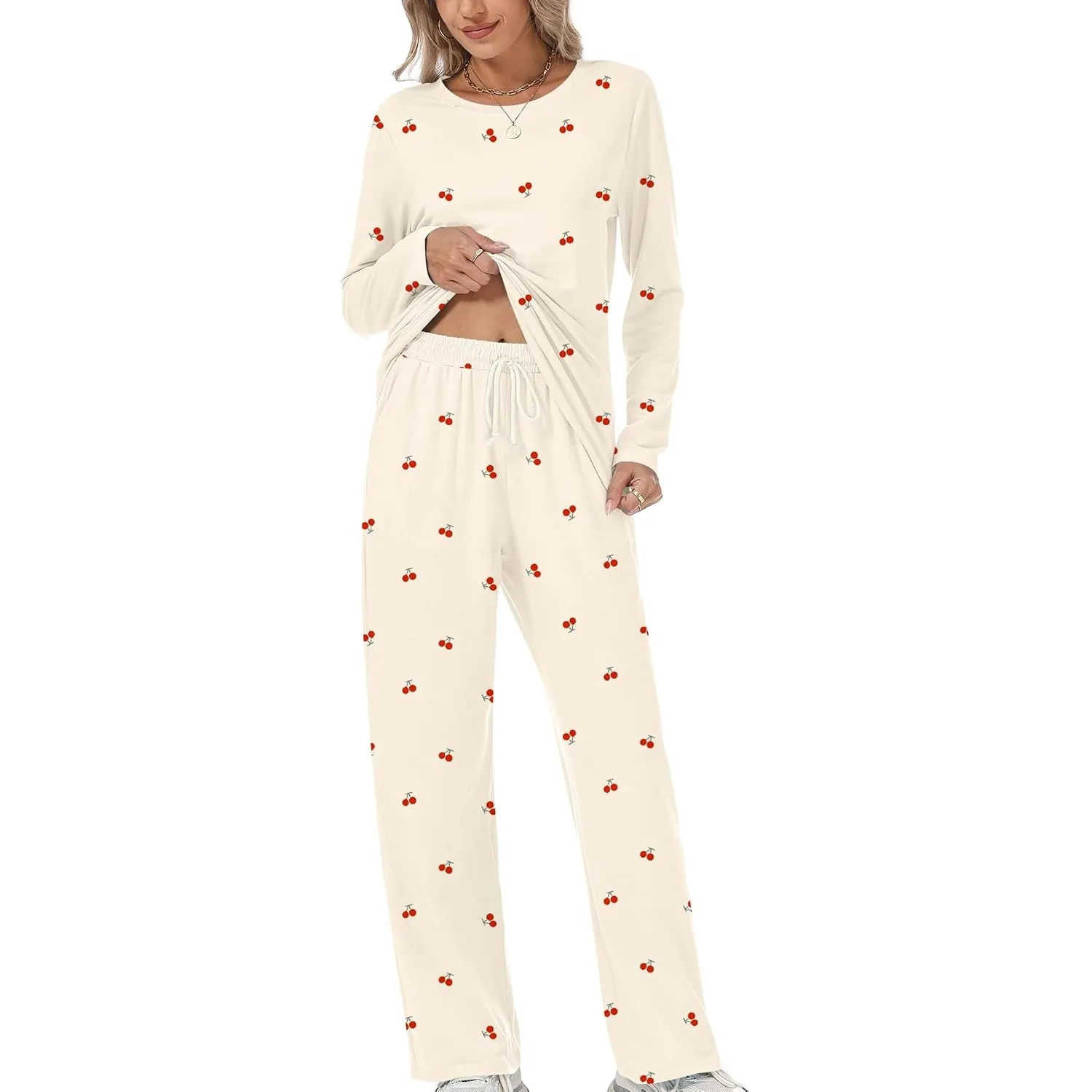 Rapbin Schlafanzug Damen Lang Pyjama Set Nachtwäsche Loungewear mit Taschen