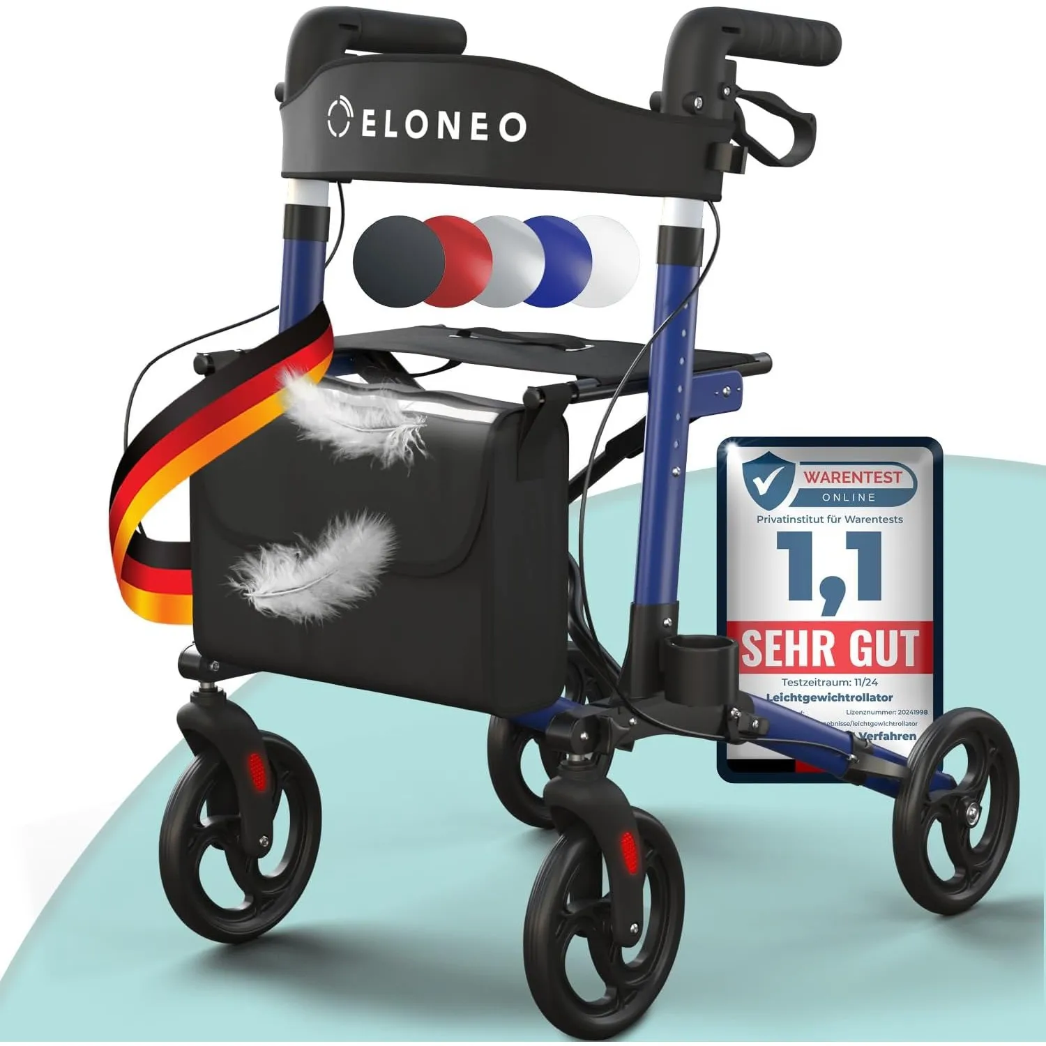 ELONEO Rollator faltbar und leicht mit Sitz, Leichtgewicht-Reiserollator aus Aluminium, Gehhilfe 8-fach höhenverstellba…