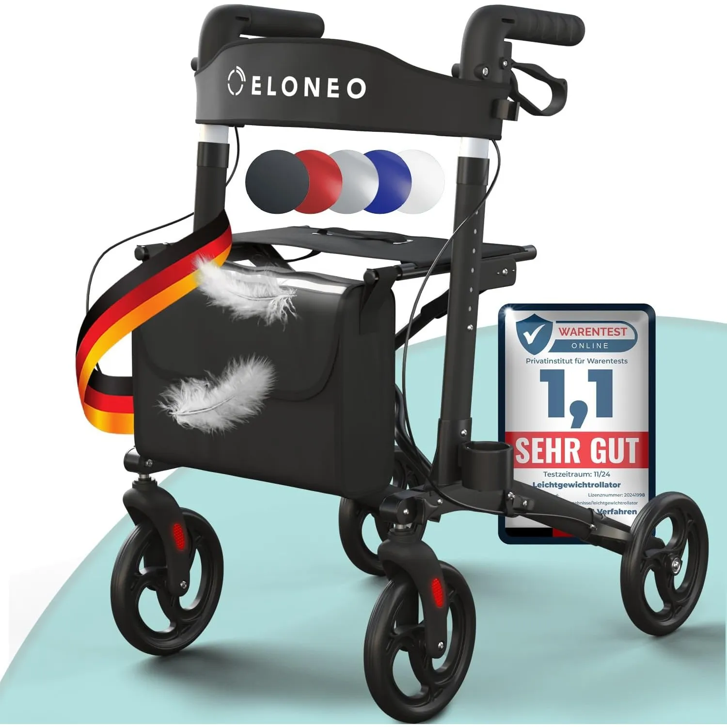 ELONEO Rollator faltbar und leicht mit Sitz, Leichtgewicht-Reiserollator aus Aluminium, Gehhilfe 8-fach höhenverstellba…
