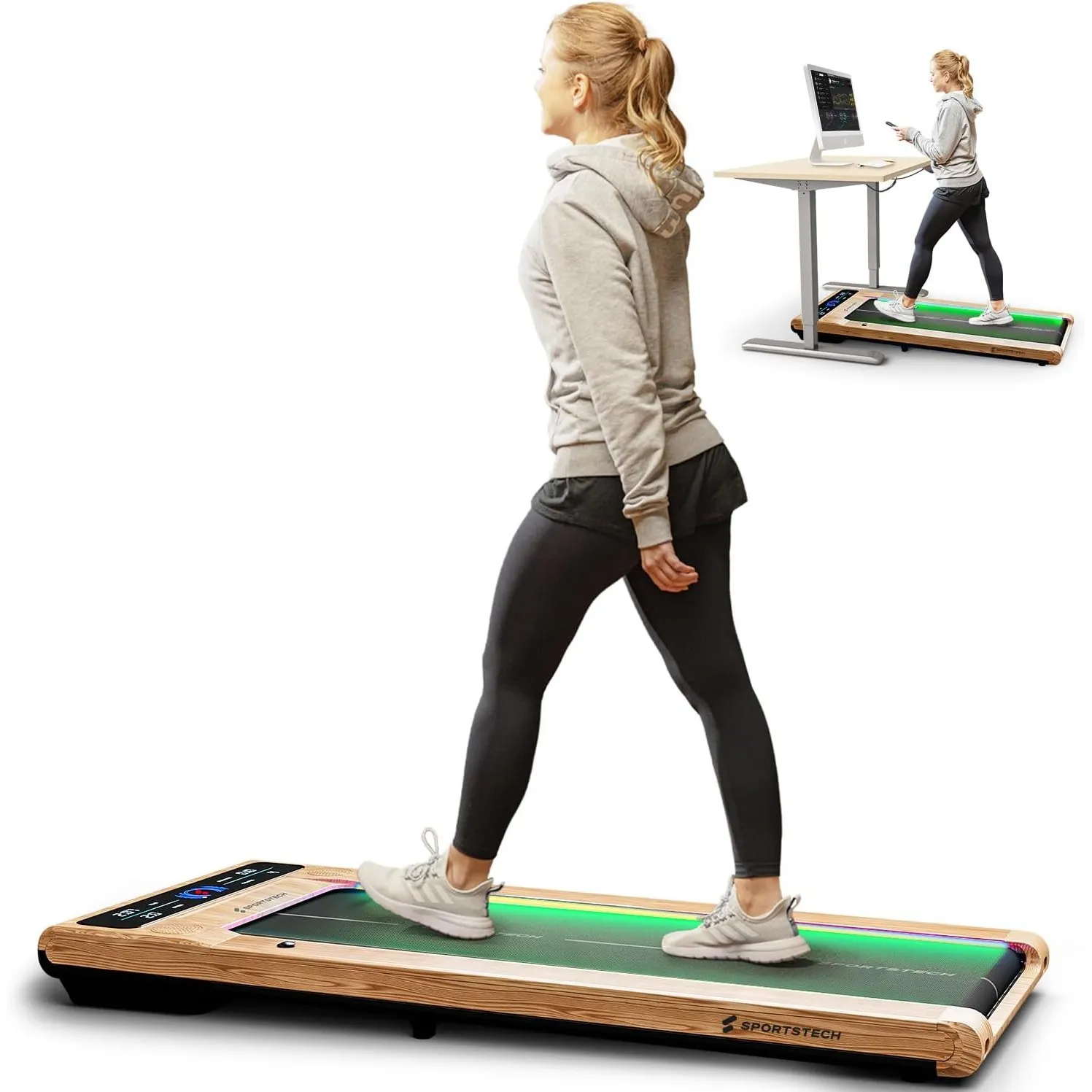 Sportstech Walking Pad mit Steigung, 150 kg belastbar, 8 km/h, Under Desk, Laufband für Zuhause Schreibtisch mit LED-Be…