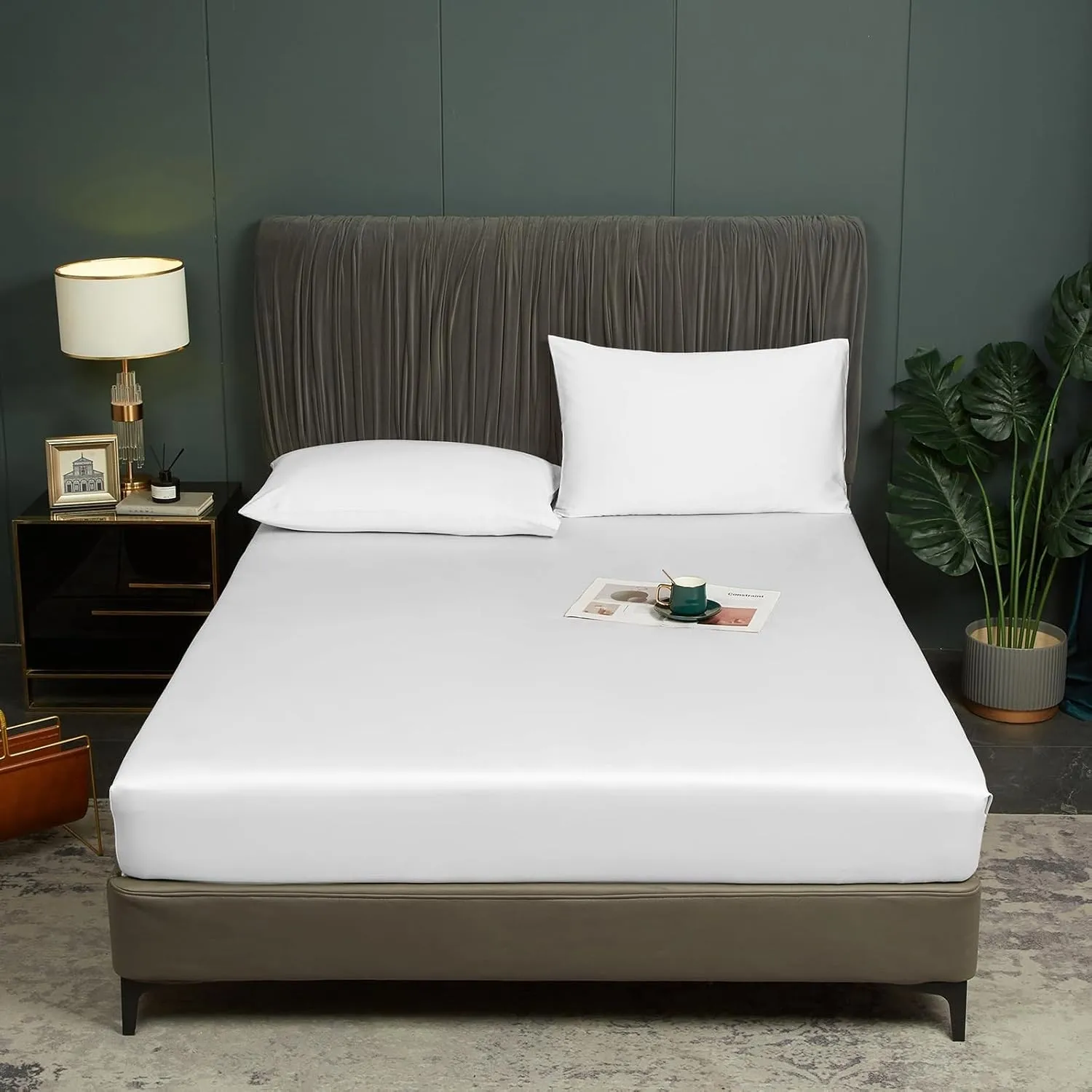 Luofanfei Bambus Lyocell Spannbettlaken 160x200cm Weiß Boxspringbett Frottee Topper Glänzend Bambusfaser Muster Bettlak…
