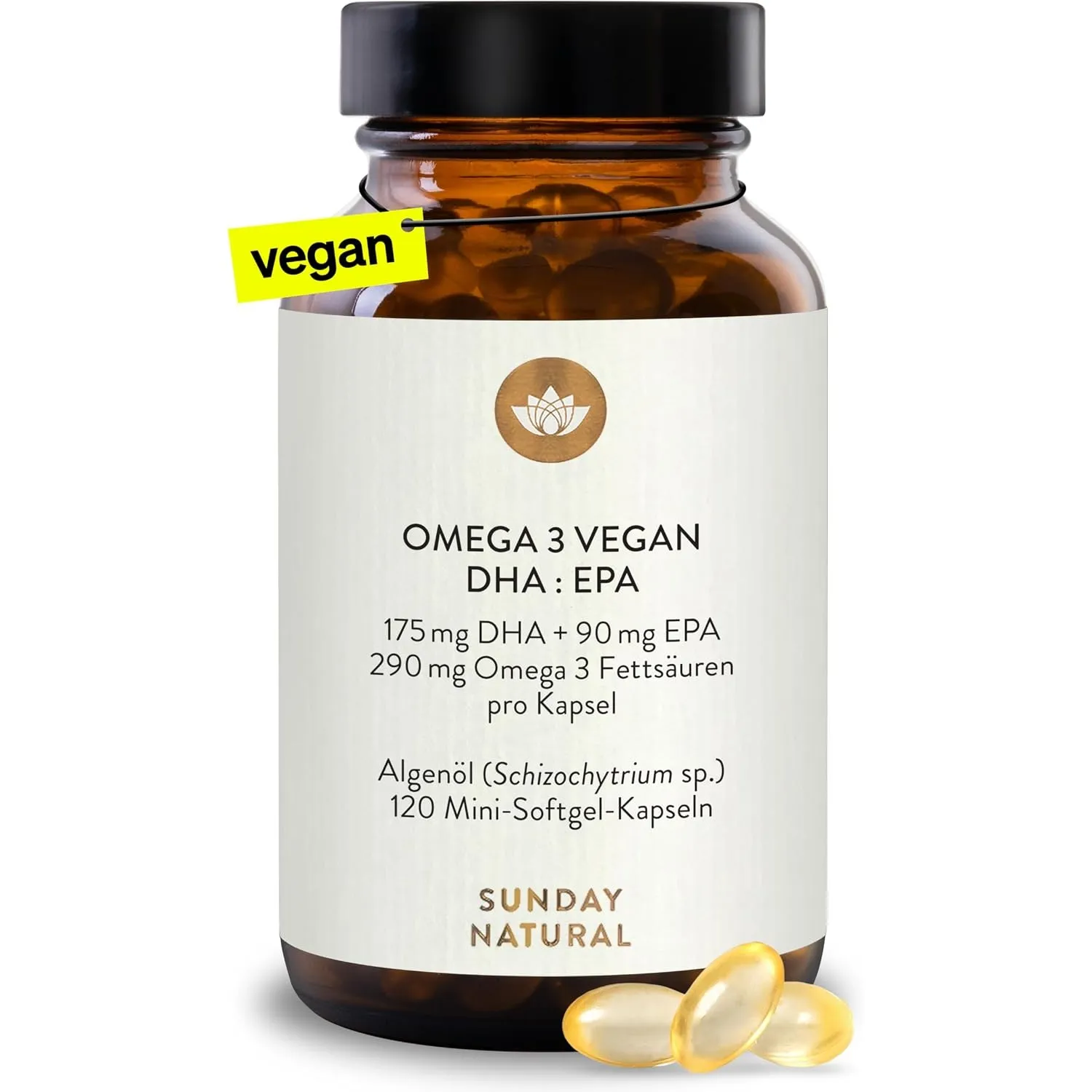 SUNDAY NATURAL® Omega 3 Vegan - 120 Softgel Kapseln - 1.000 mg Algenöl pro Tagesdosis: 350 mg DHA und 180 mg EPA (2 kap…