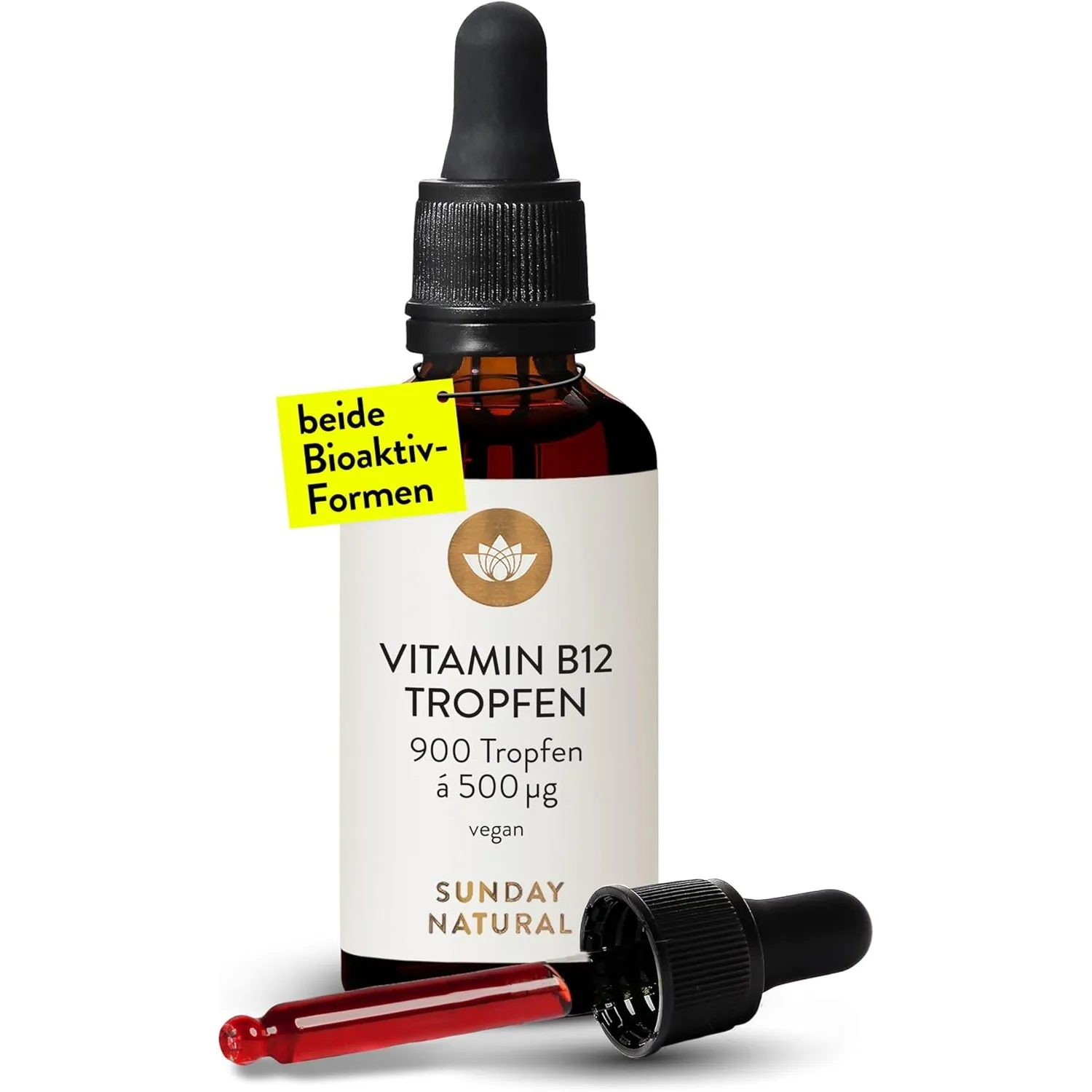 SUNDAY NATURAL® Vitamin B12-500 µg pro Vitamin B12 Tropfen – Bioaktive Formen B12 Methylcobalamin + Adenosylcobalamin –…
