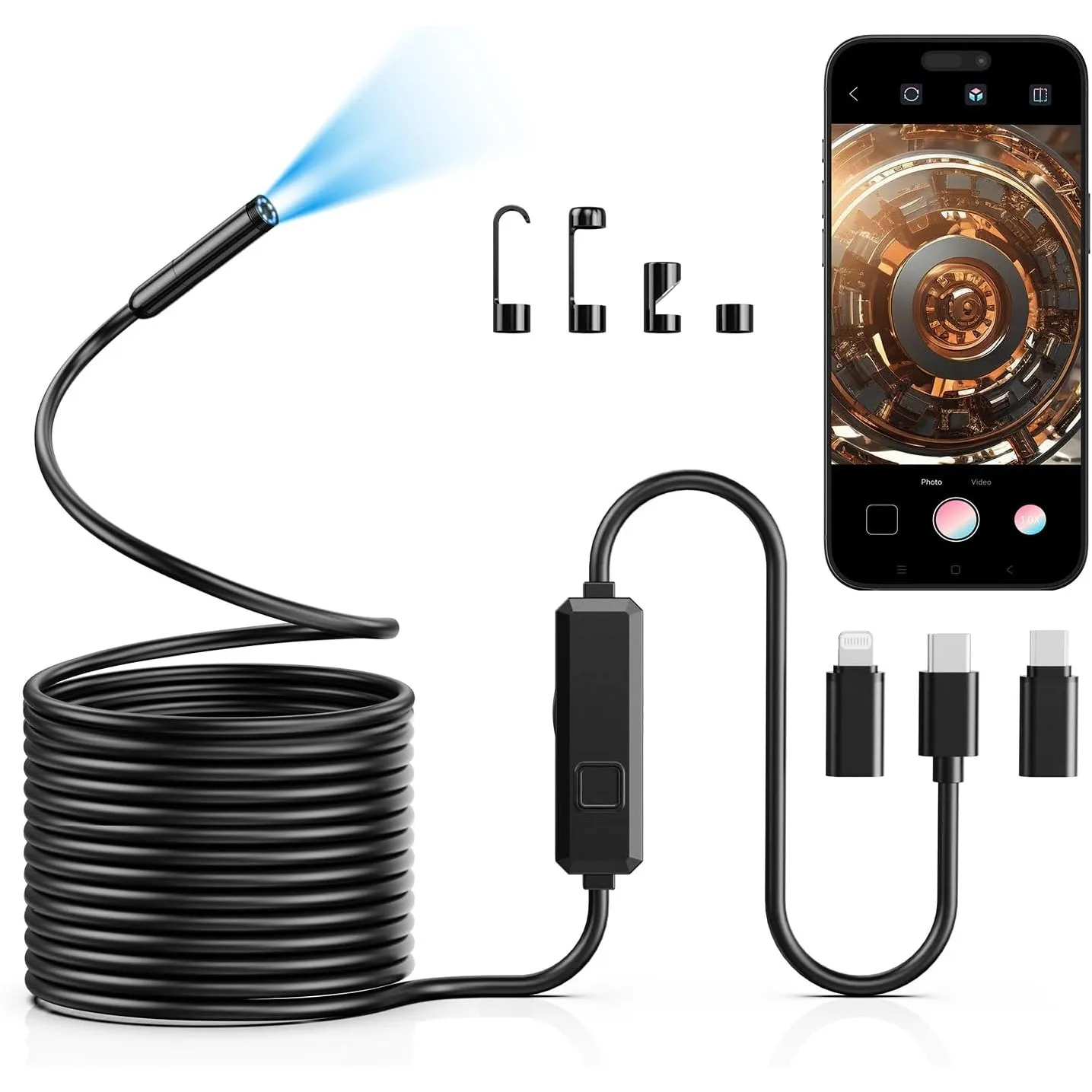 Endoskopkamera mit Licht, 1920P HD Endoskopkamera Handy mit 8 LED-Leuchten, 10M semi-steife Rohrkamera Inspektionskamer…