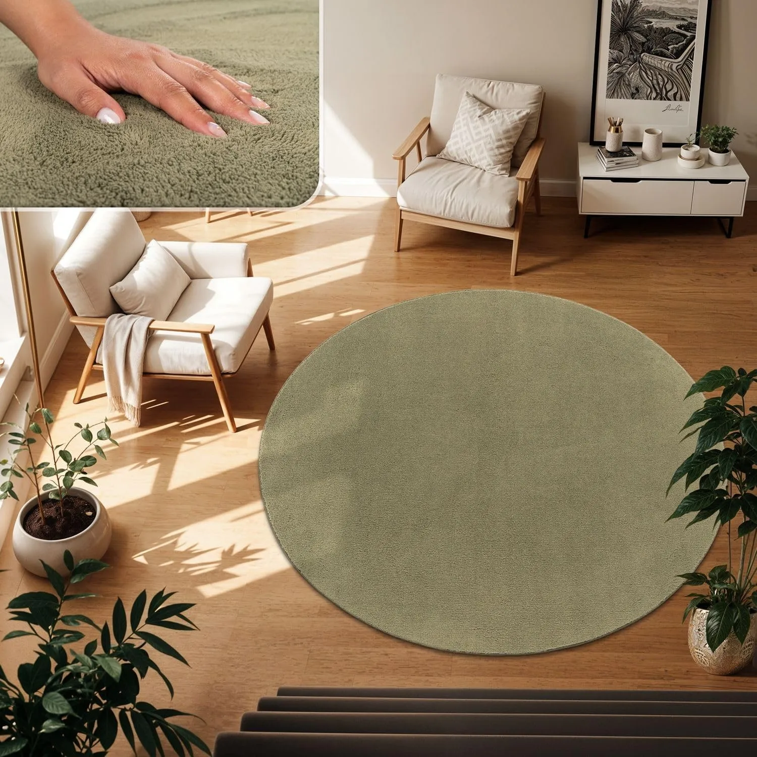 TT Home Teppich Wohnzimmer Hellgrün 160 cm Rund, Waschbar & Kurzflor