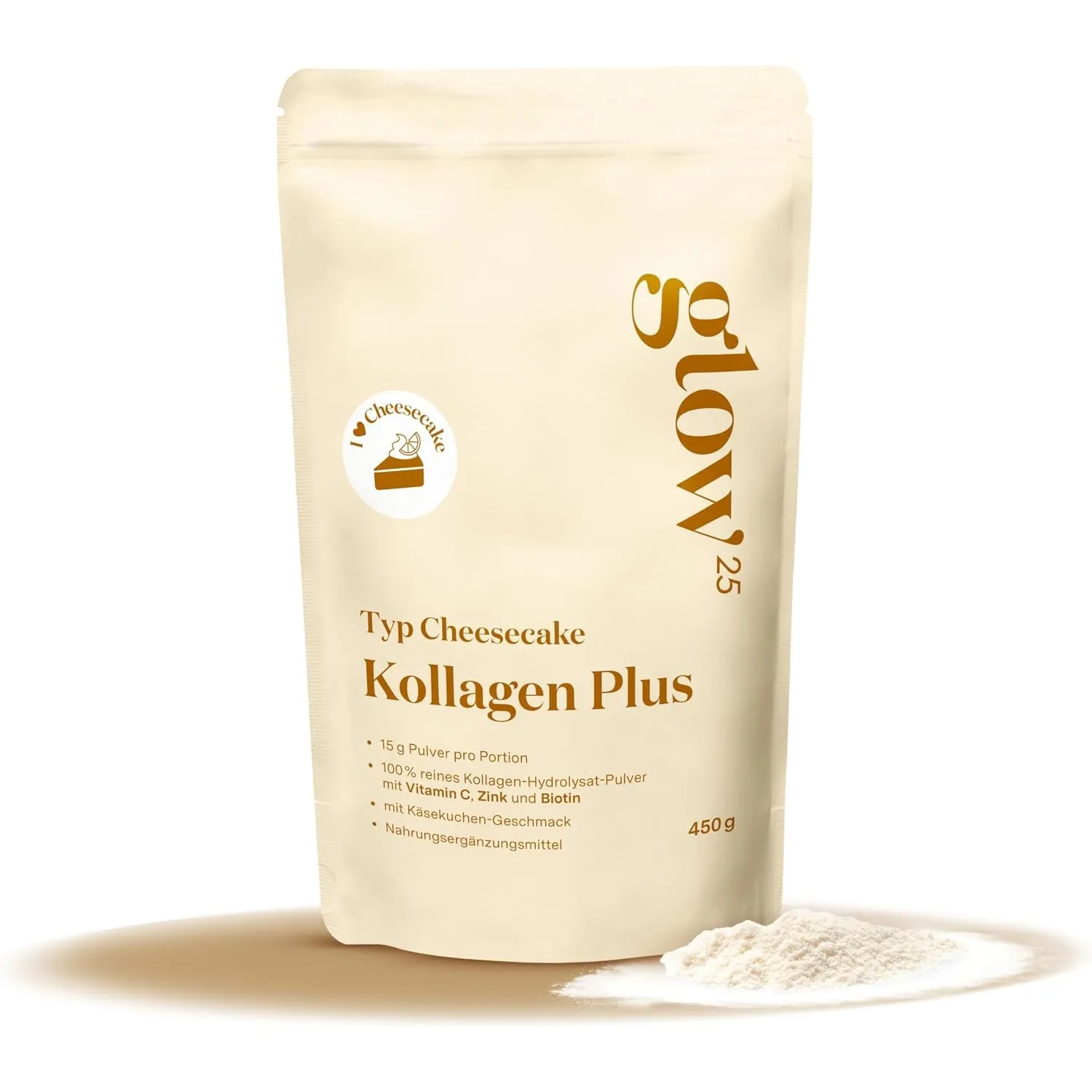Glow25® Kollagen Plus Käsekuchen [450g] - Collagen Hydrolysat mit Vitamin C, Zink und Biotin - Peptide Typ 1 und 3 - Gu…
