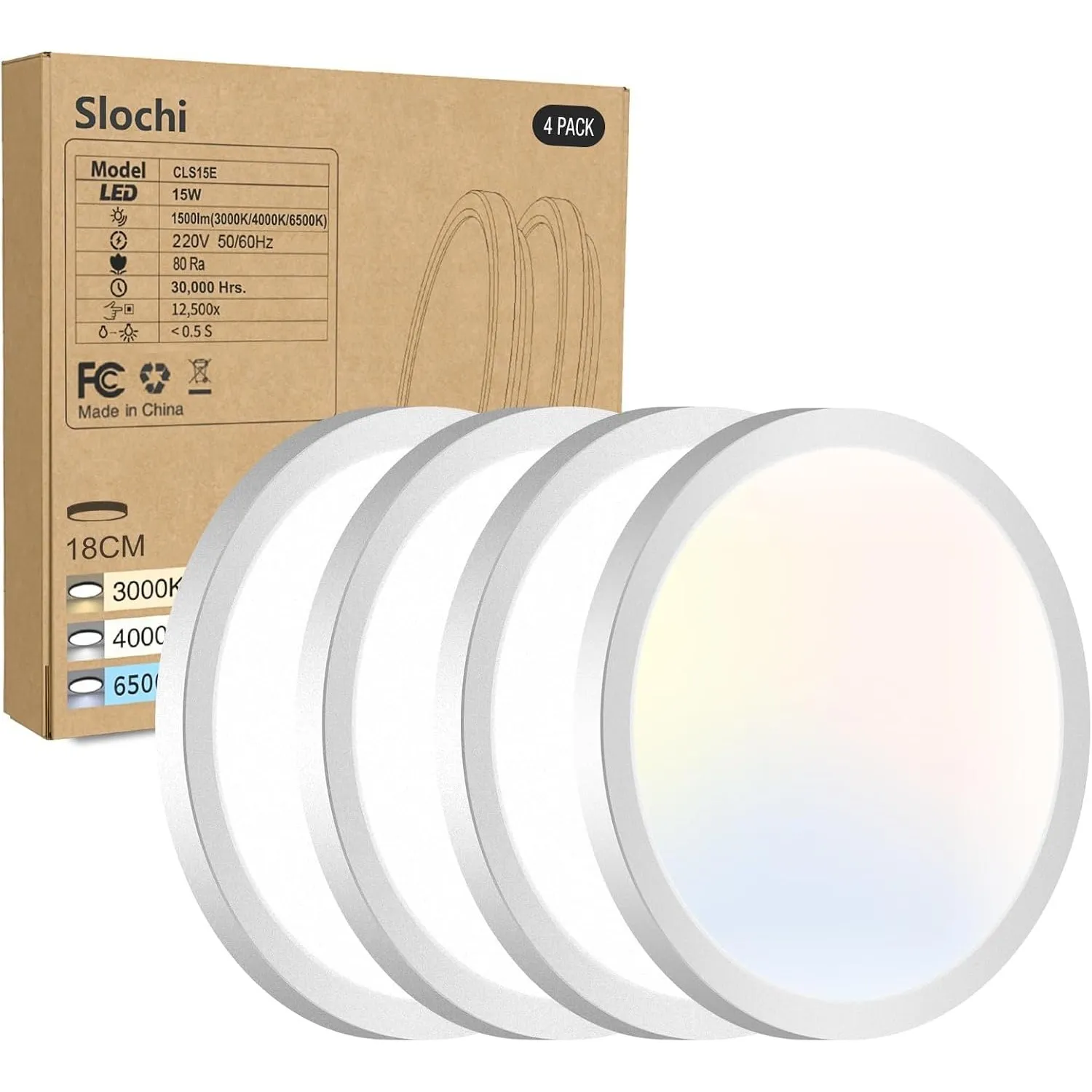 slochi Deckenlampe LED Deckenleuchte Flach, Ø18CM 3Farben 15W 1500LM Weiß
