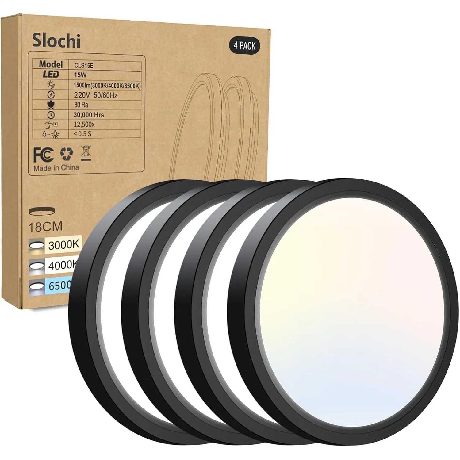 slochi Deckenlampe LED Deckenleuchte Flach, Ø18CM 3Farben 15W Schwarz