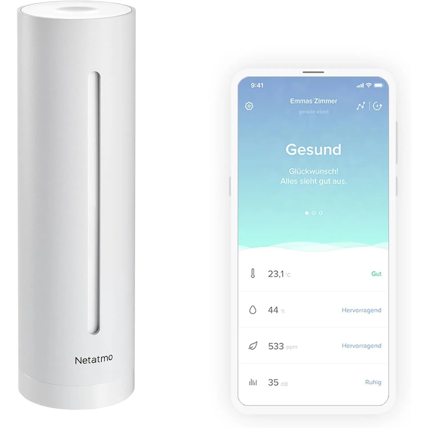 Netatmo Smarter Raumluftsensor für Innenräume, CO2-Sensor, Temperatur, Luftfeuchtigkeit, Geräusch - Haussteuerung, Gesu…