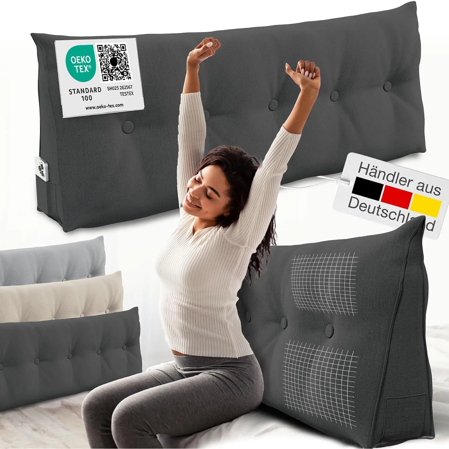 ELONEO Rückenkissen 140 cm breit, Keilkissen für Bett und Sofa geeignet, dreieckiges Lesekissen, Kissen mit abnehmbarem…