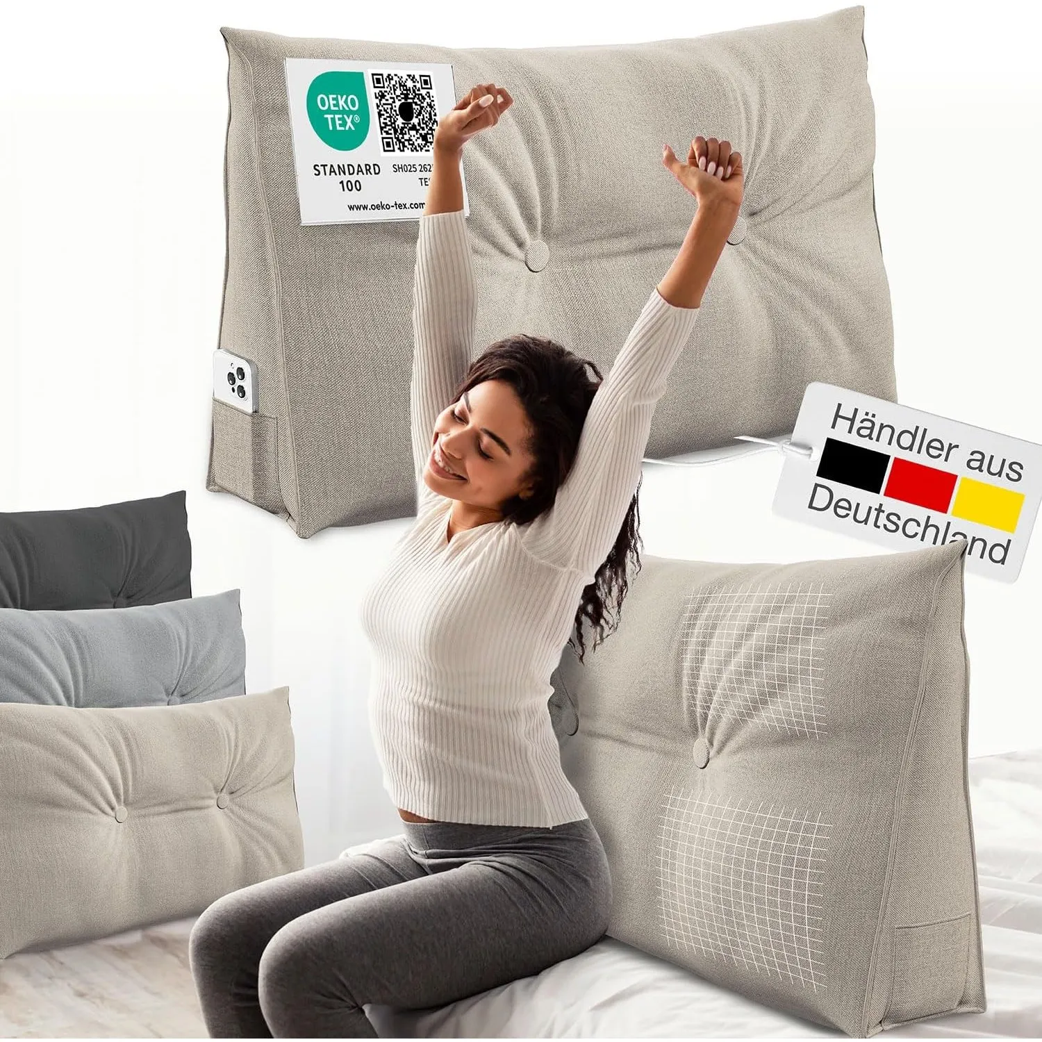 ELONEO Rückenkissen 90 cm breit, Keilkissen für Bett und Sofa geeignet, dreieckiges Lesekissen, Kissen mit abnehmbarem …